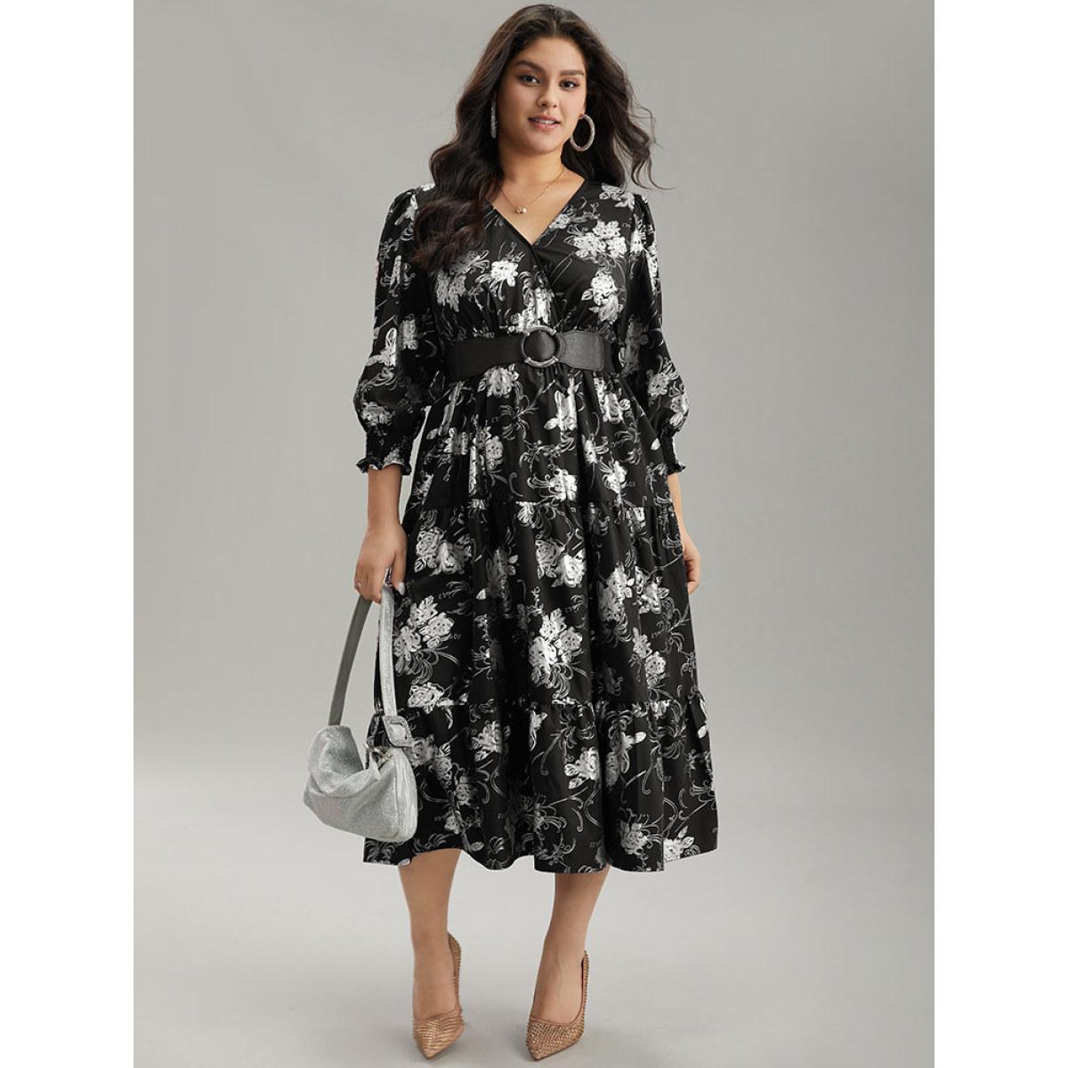 Plus Size Silhouette Floral Print Glitter Wrap Shirred Dress Black Women Elegant Wrap Overlap Collar Elbow-length sleeve Curvy Midi Dress BloomChic 30/6X Product Image