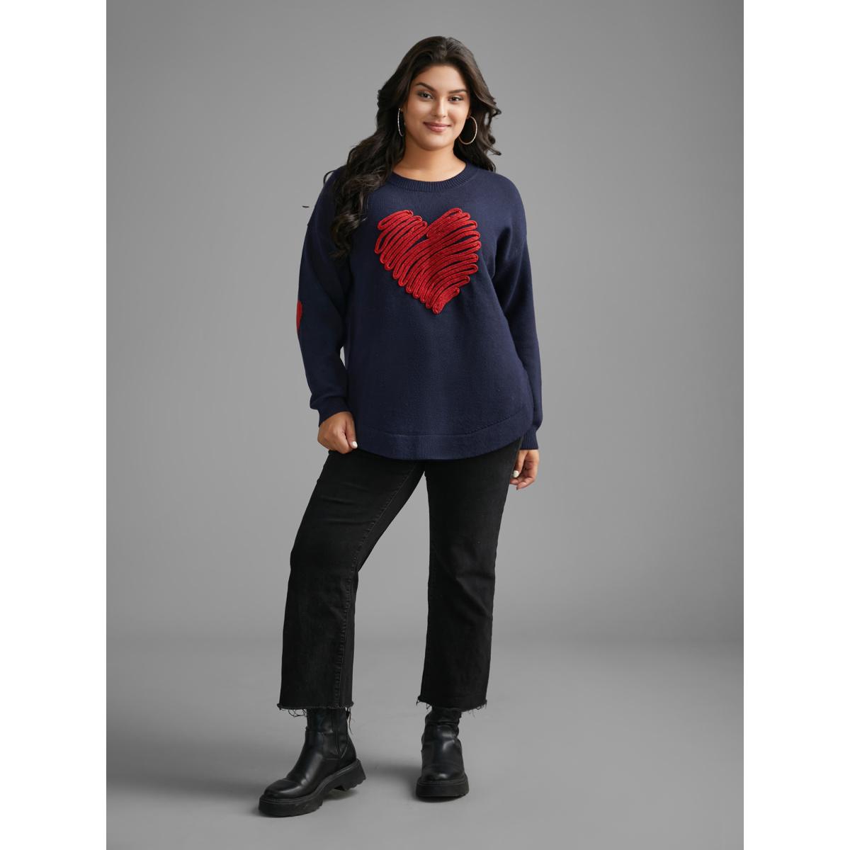 Plus Size Supersoft Heart Pattern Cardigan Indigo Women Casual Loose Long Sleeve Round Neck Everyday Pullovers BloomChic 26/4X Product Image