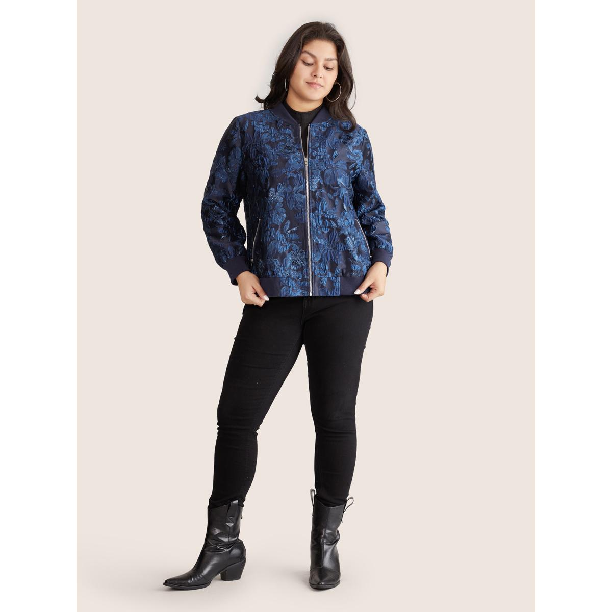 Plus Size Floral Patchwork Zipper Jacquard Jacket Women Indigo Elastic cuffs Pocket Everyday Jackets BloomChic 12/L Product Image