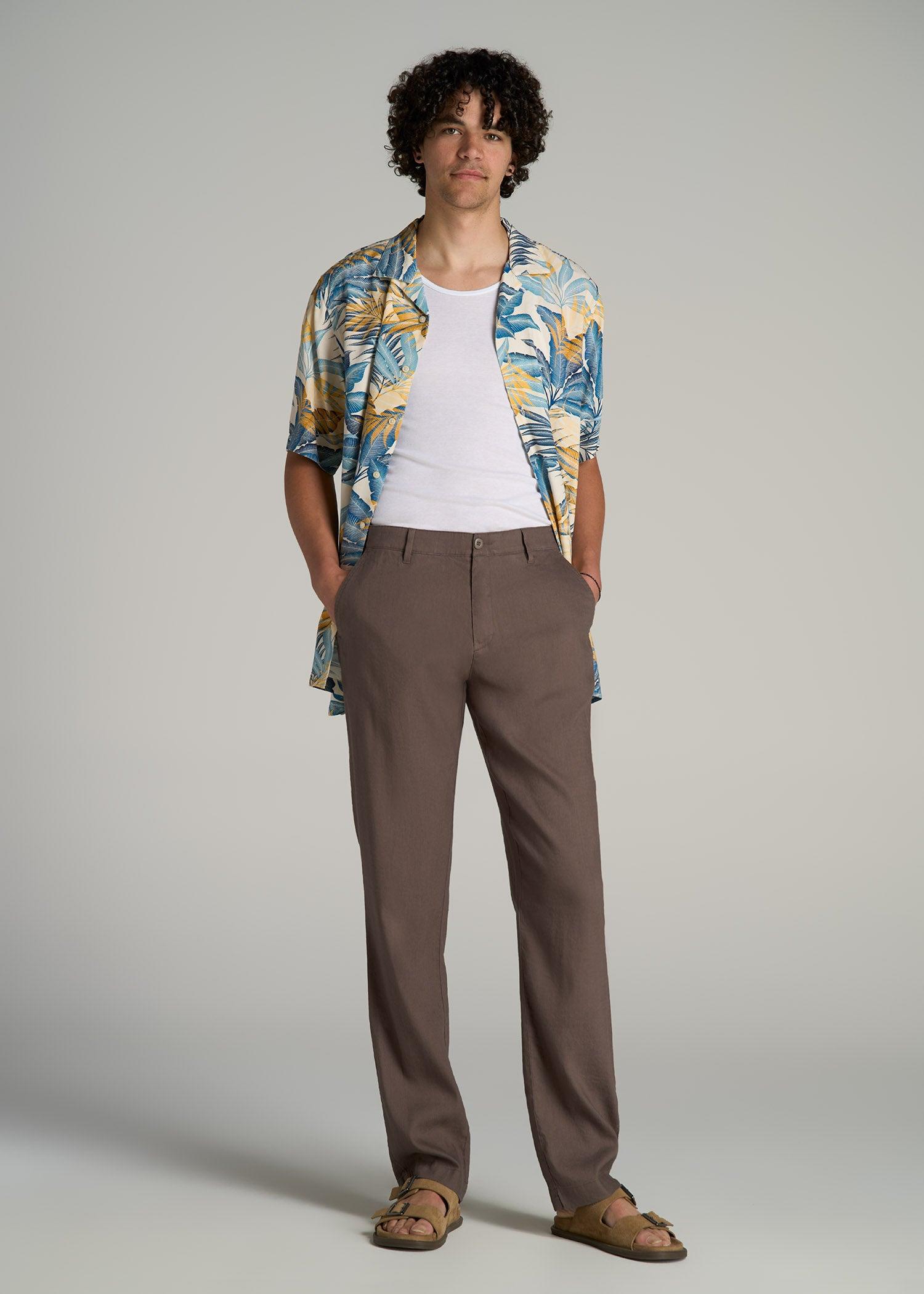 Garment Dyed Linen Casual Pants for Tall Men in Washed Brown Male Product Image