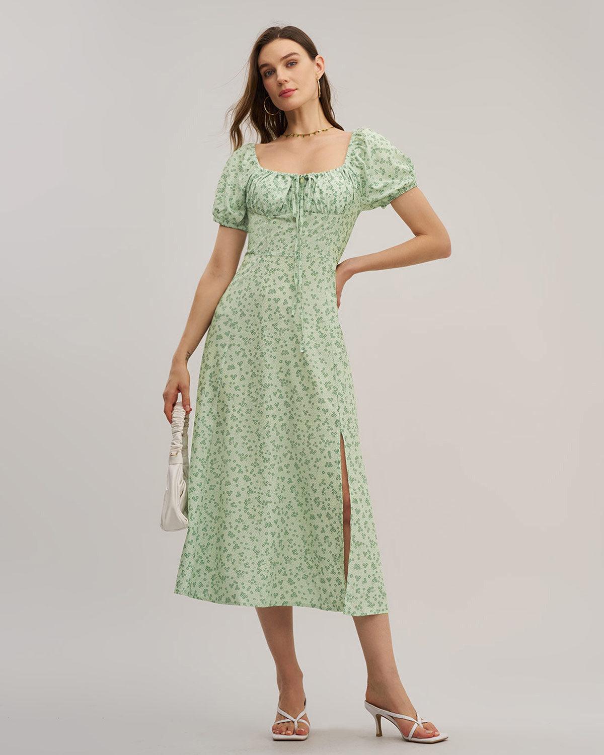 Green Floral Square Neck Puffed Sleeve Midi Dress Product Image
