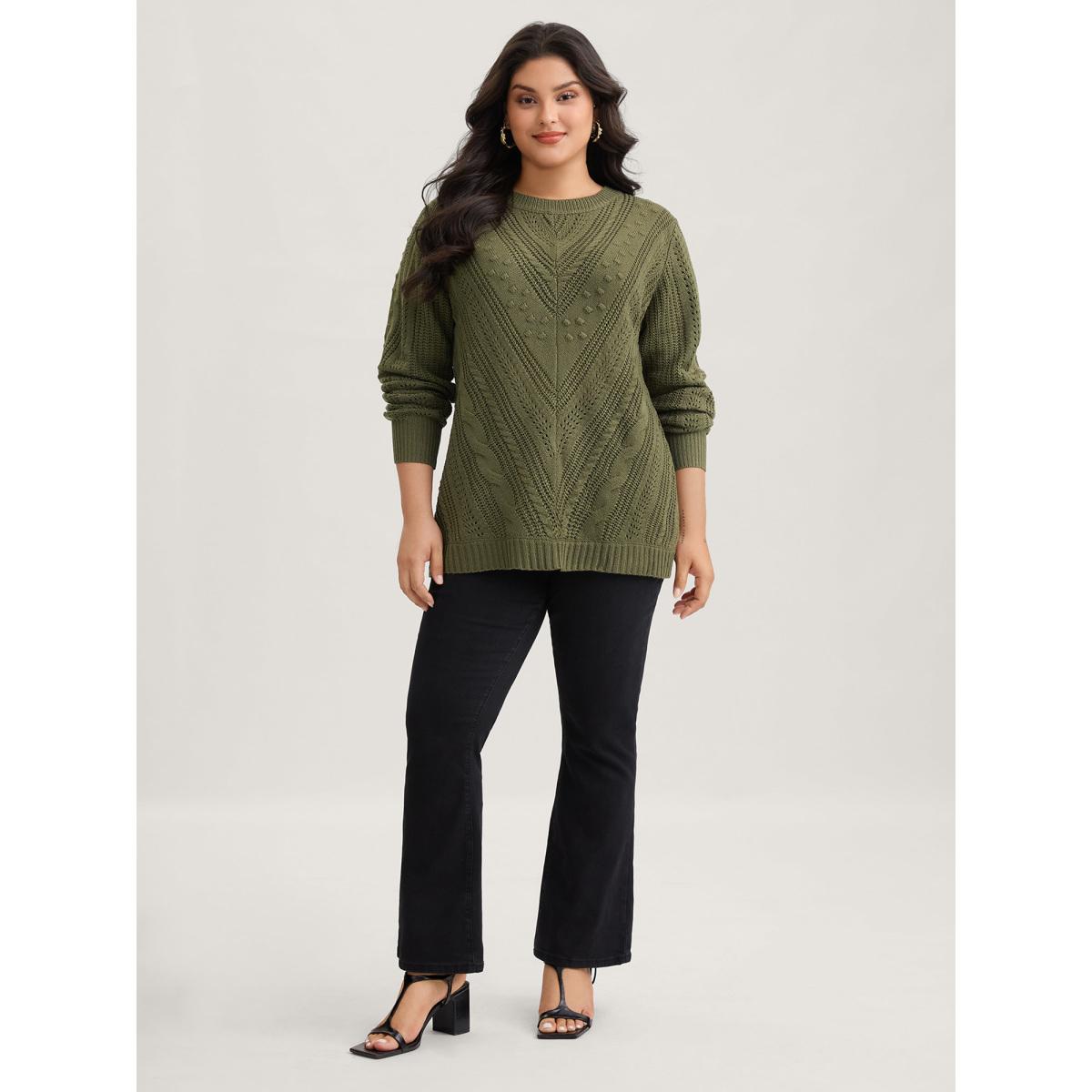 Plus Size Solid Round Neck Cable Knit Pullover ArmyGreen Women Leisure Long Sleeve Round Neck Casual Pullovers BloomChic 26/4X Product Image