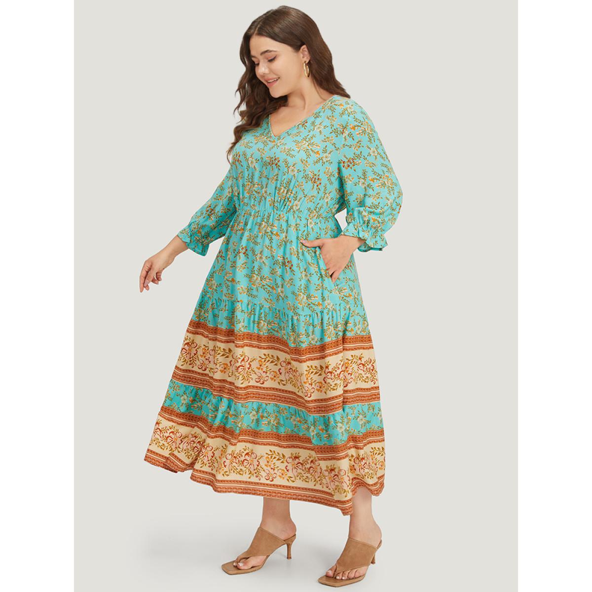 Plus Size Floral Print Lantern Sleeve Contrast Patchwork Dress Aquamarine Women Vacation Elastic cuffs V-neck Half Sleeve Curvy Midi Dress BloomChic 22-24/3X Product Image