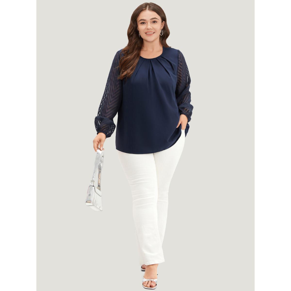 Plus Size Indigo Anti-Wrinkle Patchwork Mesh Pleated Blouse Women Office Long Sleeve Round Neck Work Blouses BloomChic 26/4X Product Image