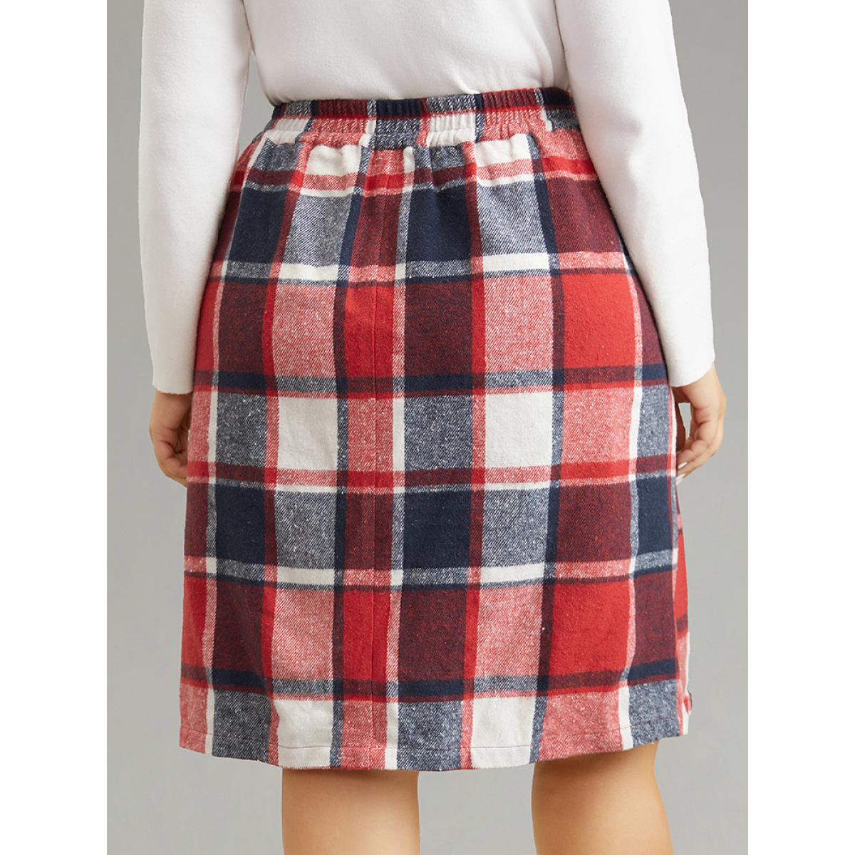 Plus Size Plaid Button Detail Patched Pocket Skirt Women Raspberry Office Elastic Waist Bodycon No stretch Pocket Work Skirts BloomChic 30/6X Product Image