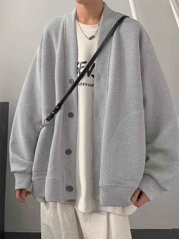 Men's Solid Waffle V Neck Cardigan Jacket Product Image