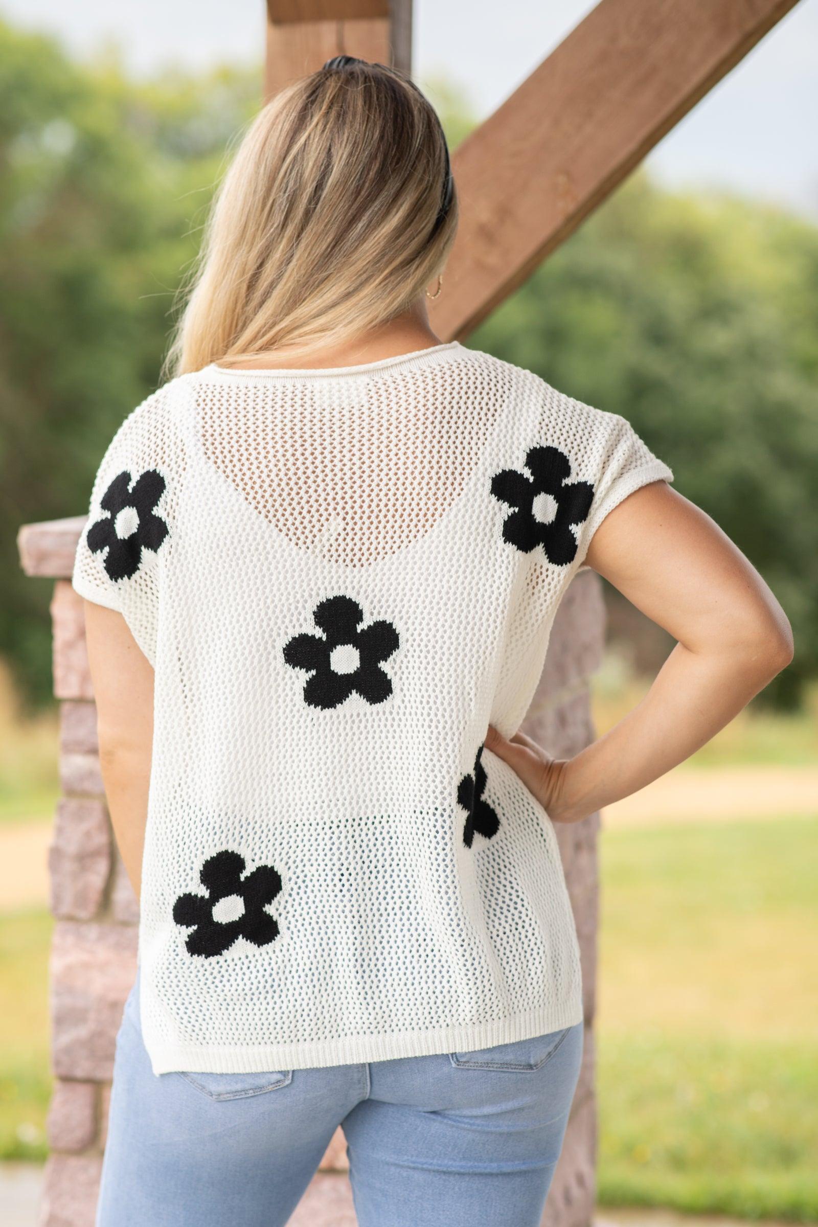 Short Sleeve Flower Open Knit Top Product Image