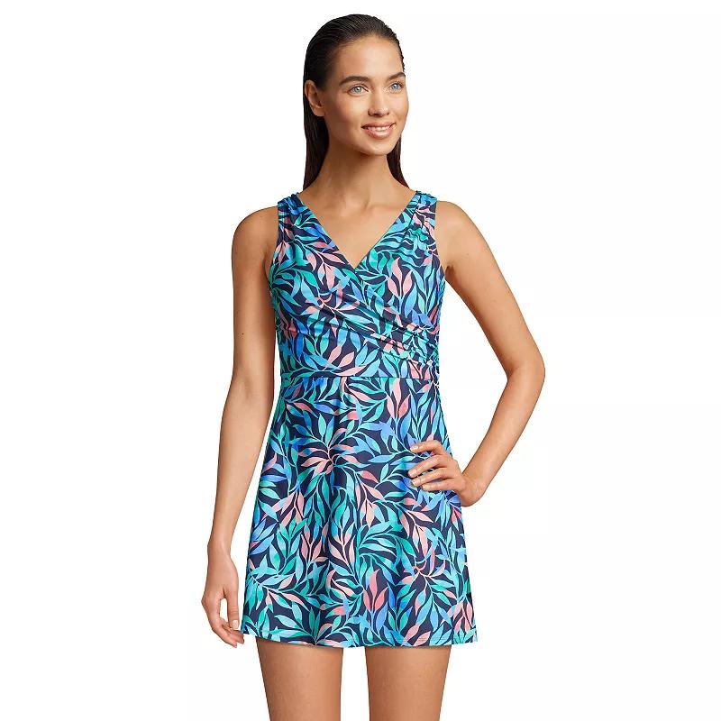 Womens Lands End Tummy Control Surplice Faux-Wrap One-Piece Swim Dress Blue Tropic Palm Product Image