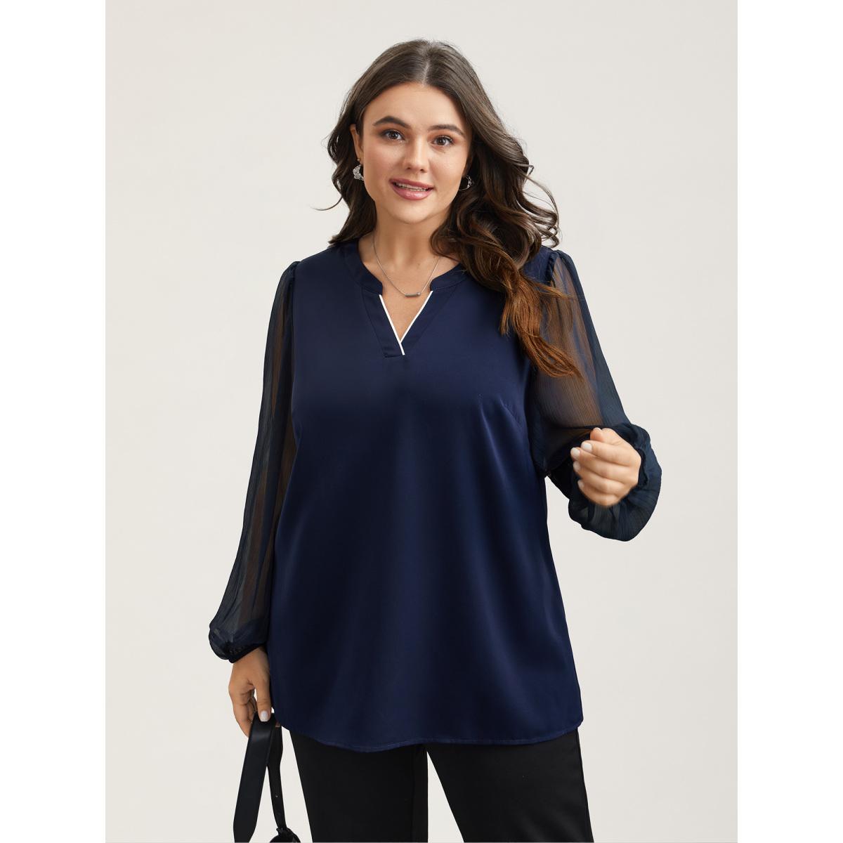 Plus Size Indigo Mixed Fabric Sheer Puff Sleeve Shirt Women At the Office Extra Long Sleeve V-neck Work Blouses BloomChic 28/5X Product Image