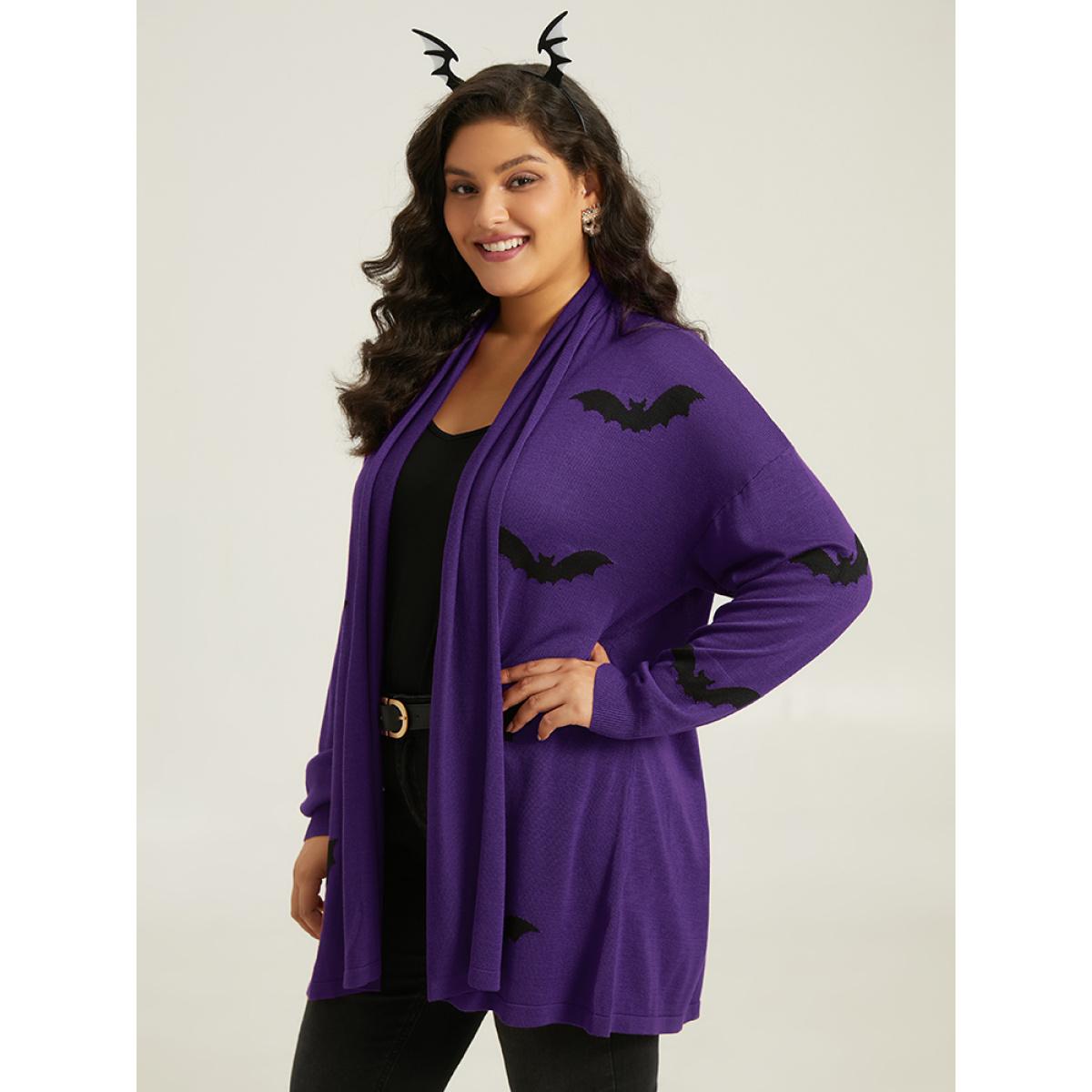 Plus Size Supersoft Essentials Halloween Bat Pattern Lapel Collar Cardigan Blackcurrant Women Playful Loose Long Sleeve Casual Cardigans BloomChic 18-20/2X Product Image