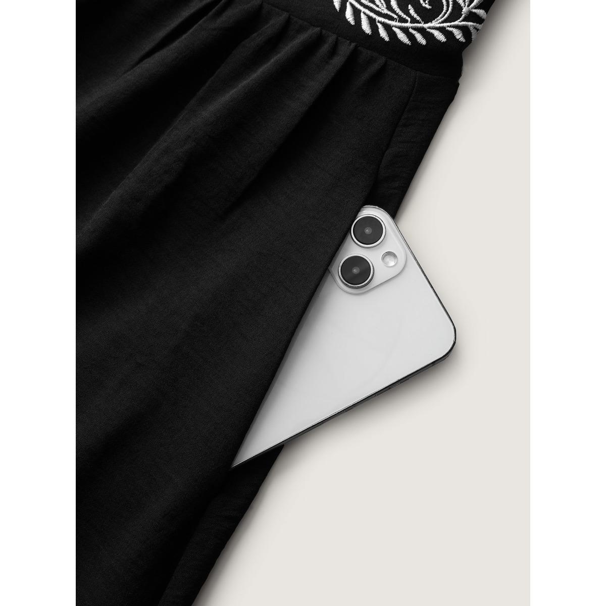 Plus Size Embroidered Shirred Waist-Defining Maxi Dress Black Women Boho Embroidered Flat collar with V-notch Short sleeve Curvy BloomChic 12/L Product Image