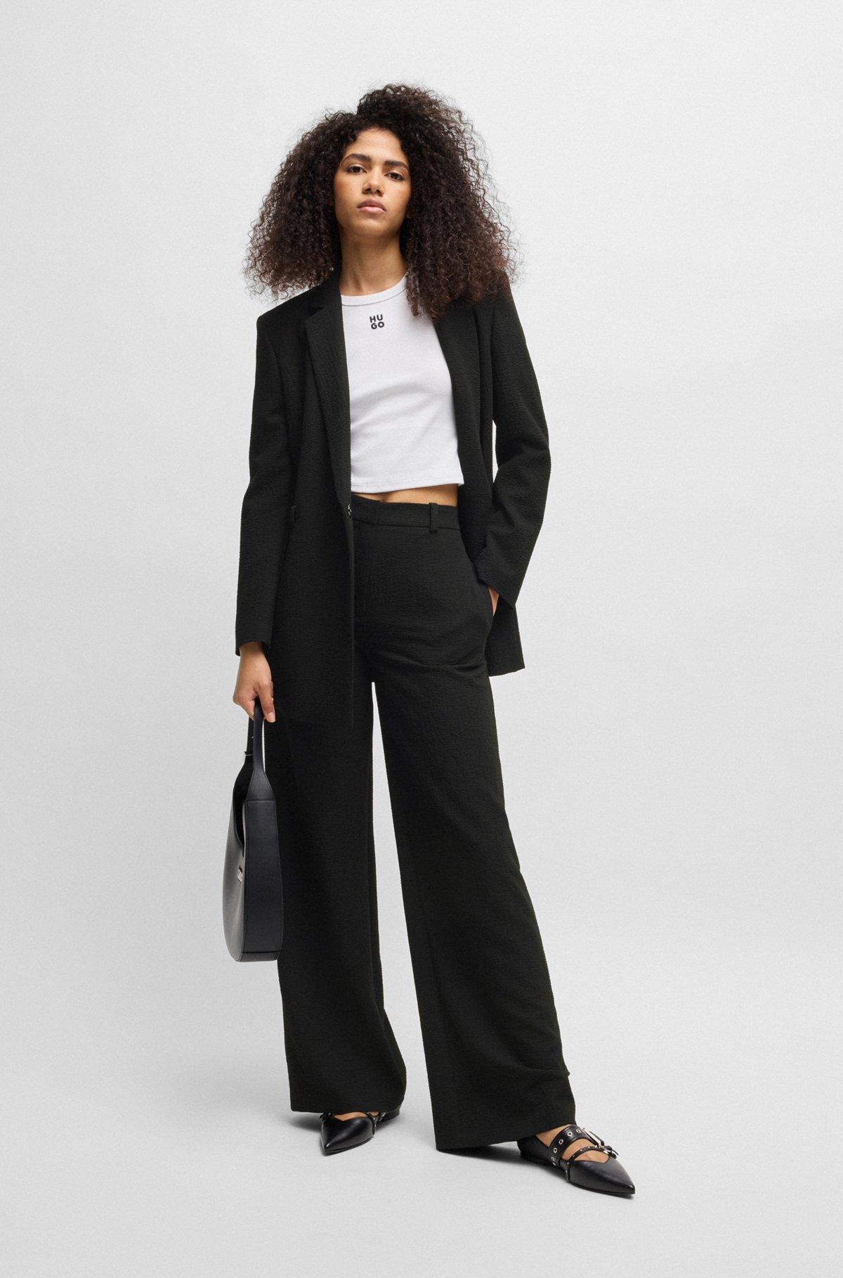 HUGO - Regular-fit trousers in stretch seersucker - Black Product Image