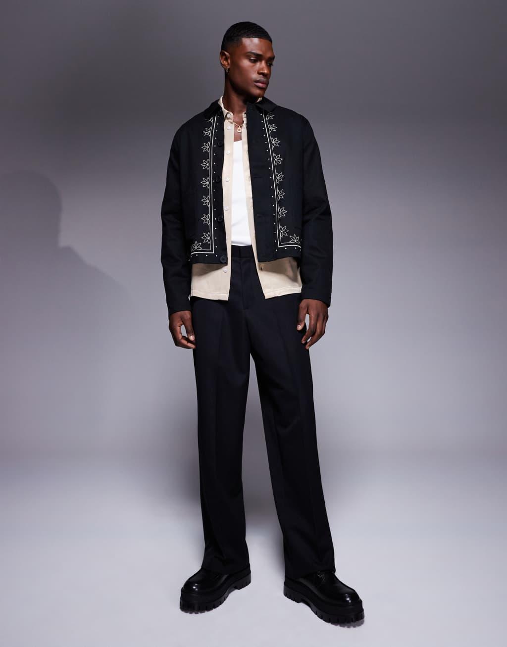 ASOS DESIGN embroidered harrington jacket in black Product Image