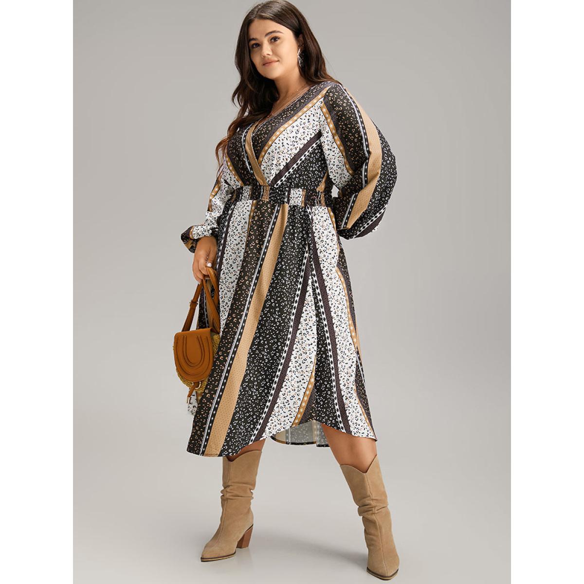 Plus Size Boho Print Striped Shirred Wrap Dress Leopard Women Vacation Elastic cuffs V-neck Long Sleeve Curvy Midi Dress BloomChic 22-24/3X Product Image