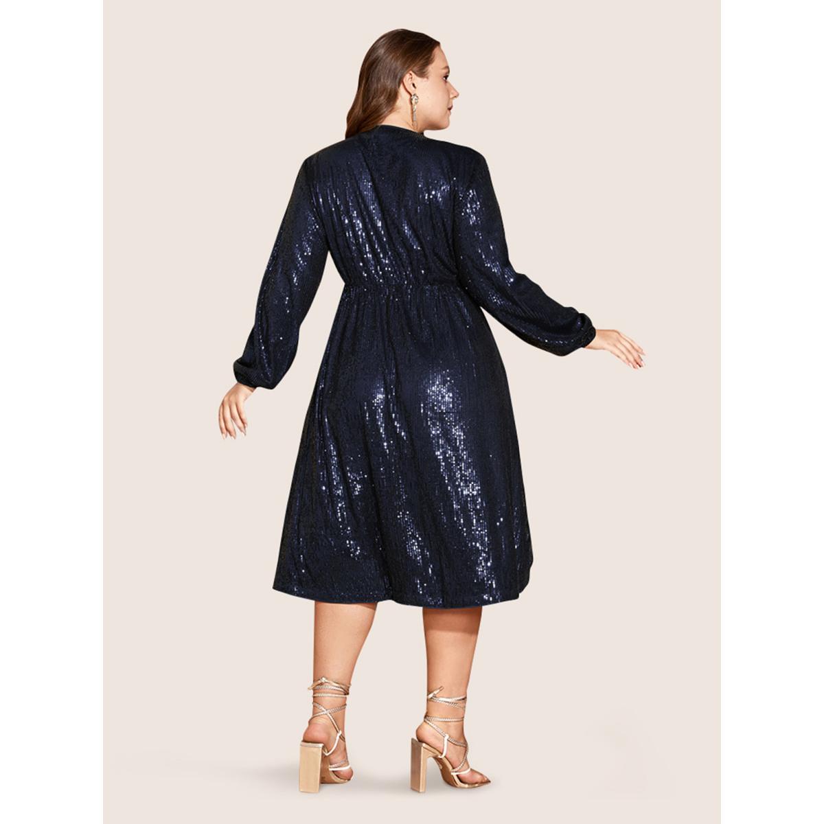 Plus Size Solid Pocket Lantern Sleeve Wrap Sequin Dress DarkBlue Women Party Pocket Overlap Collar Long Sleeve Curvy Midi Dress BloomChic 14-16/1X Product Image