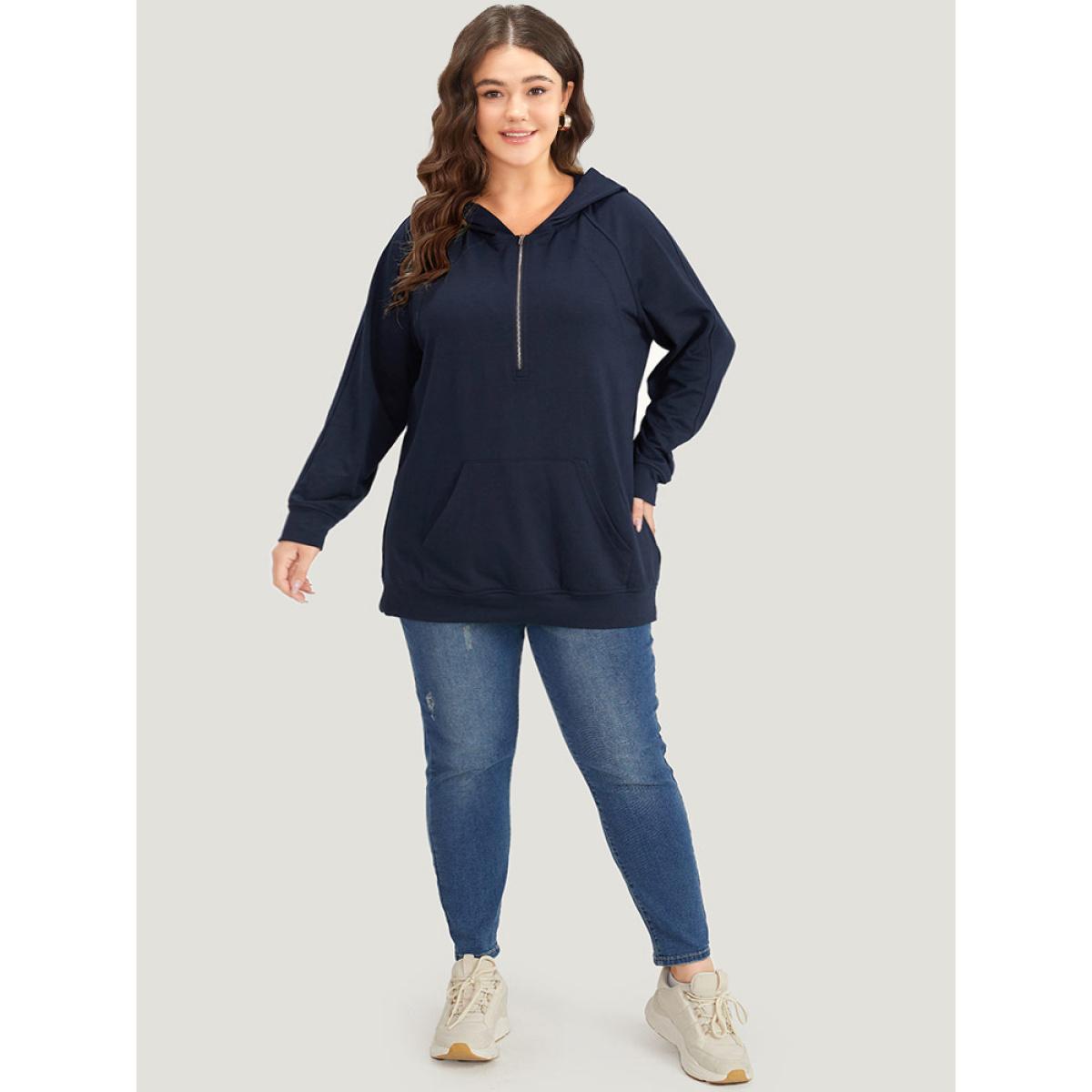 Plus Size Solid Half Zip Hooded Pocket Raglan Sleeve Sweatshirt Women Indigo Casual Elastic cuffs Hooded Dailywear Sweatshirts BloomChic 30/6X Product Image