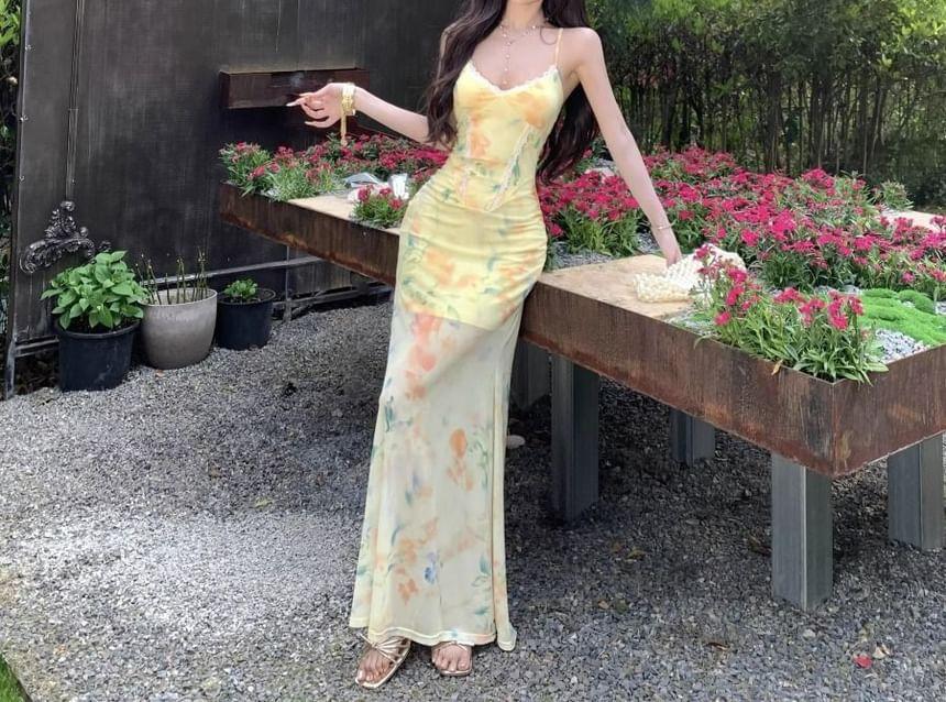 Spaghetti Strap V-Neck Floral Print Maxi Dress Product Image