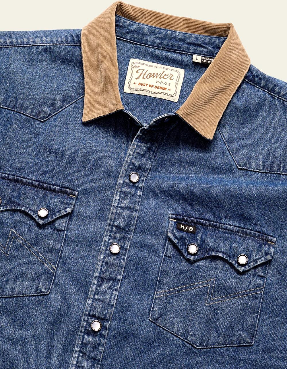 HOWLER BROTHERS Dust Up Mens Long Sleeve Denim Snap Shirt - Dark Wash Product Image