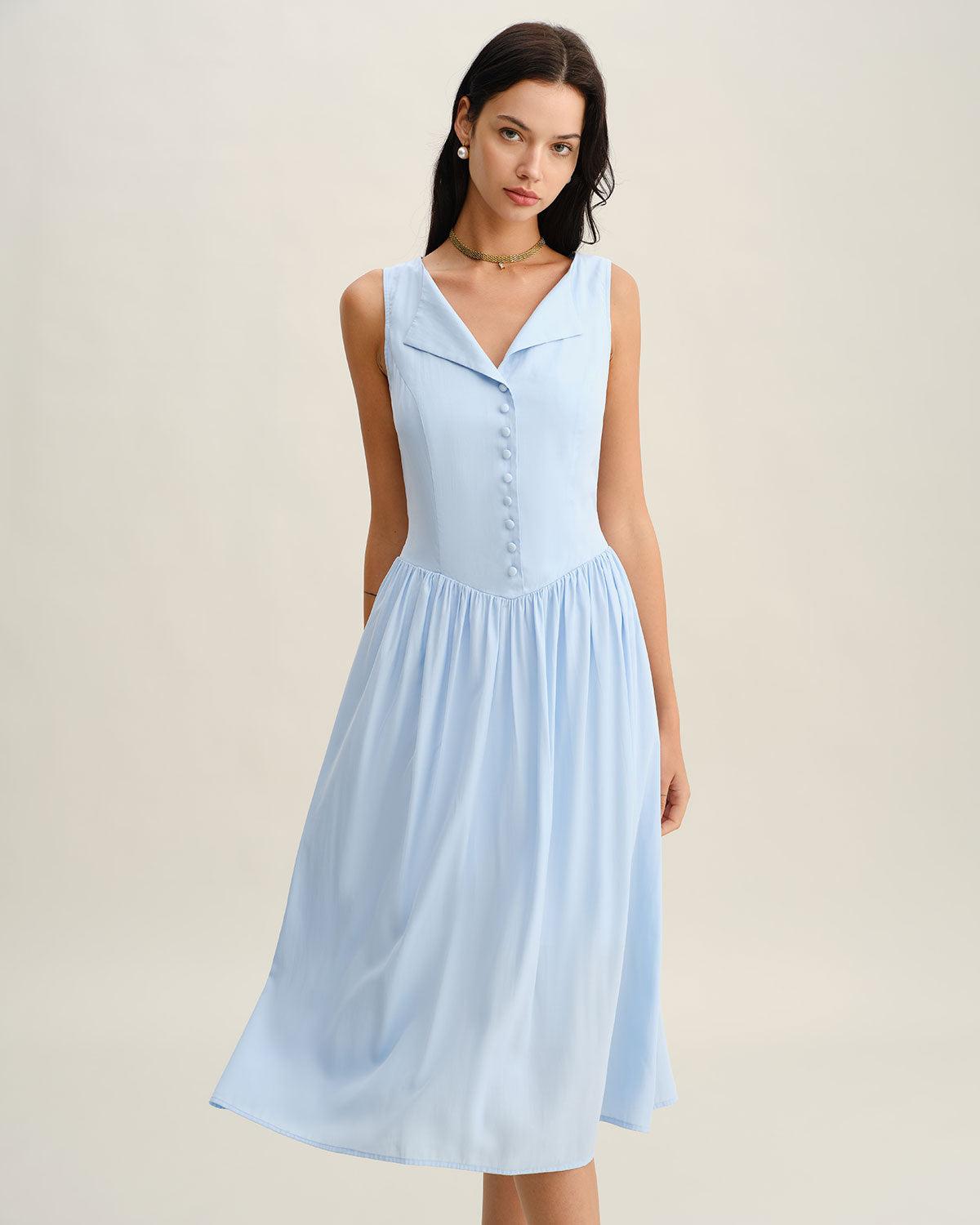 Blue V Neck Button Sleeveless Midi Dress Product Image