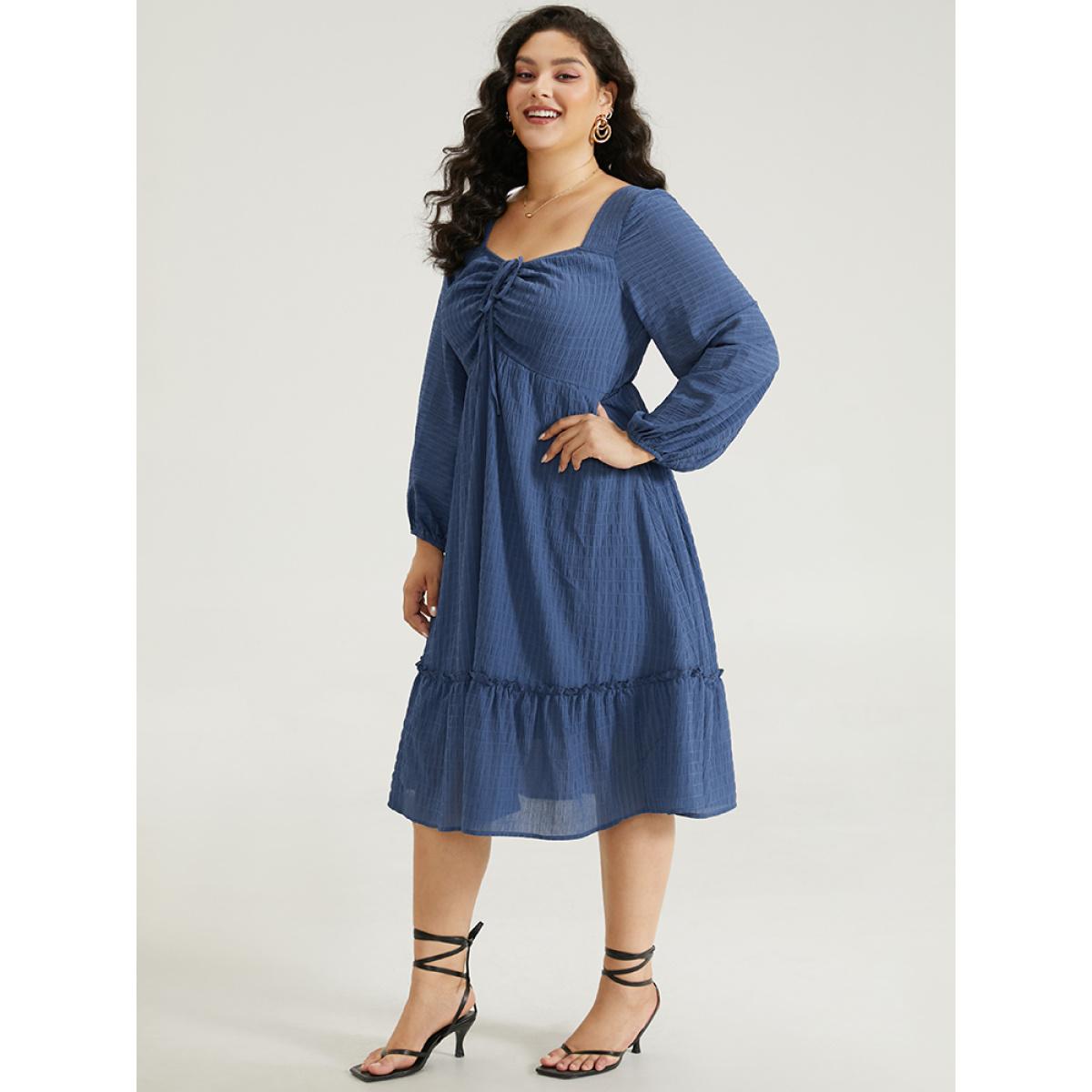 Plus Size Solid Plisse Ties Frill Trim Ruched Dress Cerulean Women Elegant Elastic cuffs Tie Neck Long Sleeve Curvy Midi Dress BloomChic 26/4X Product Image