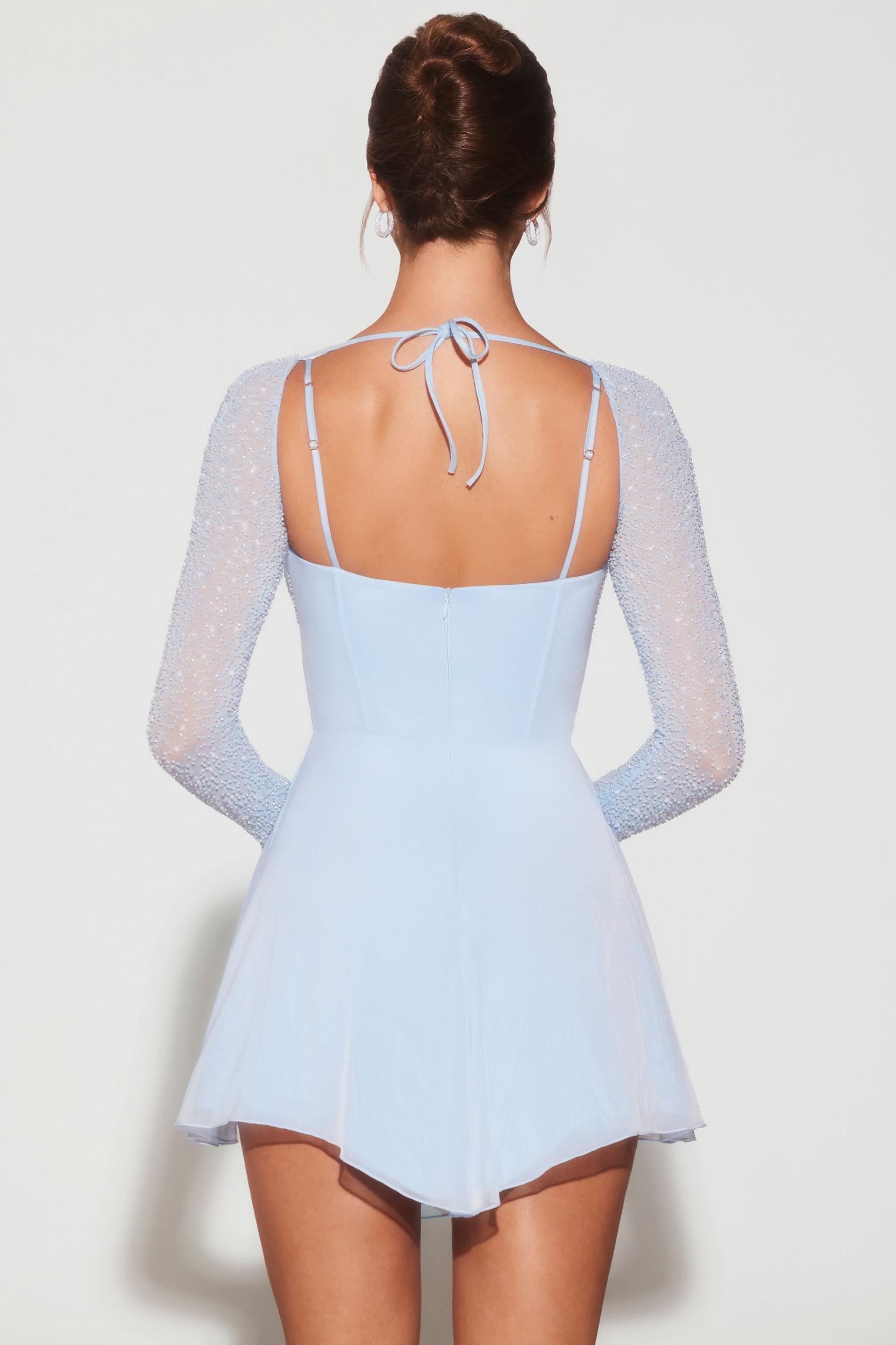 Embellished Long Sleeve Angled Hem Mini Dress in Blue Product Image