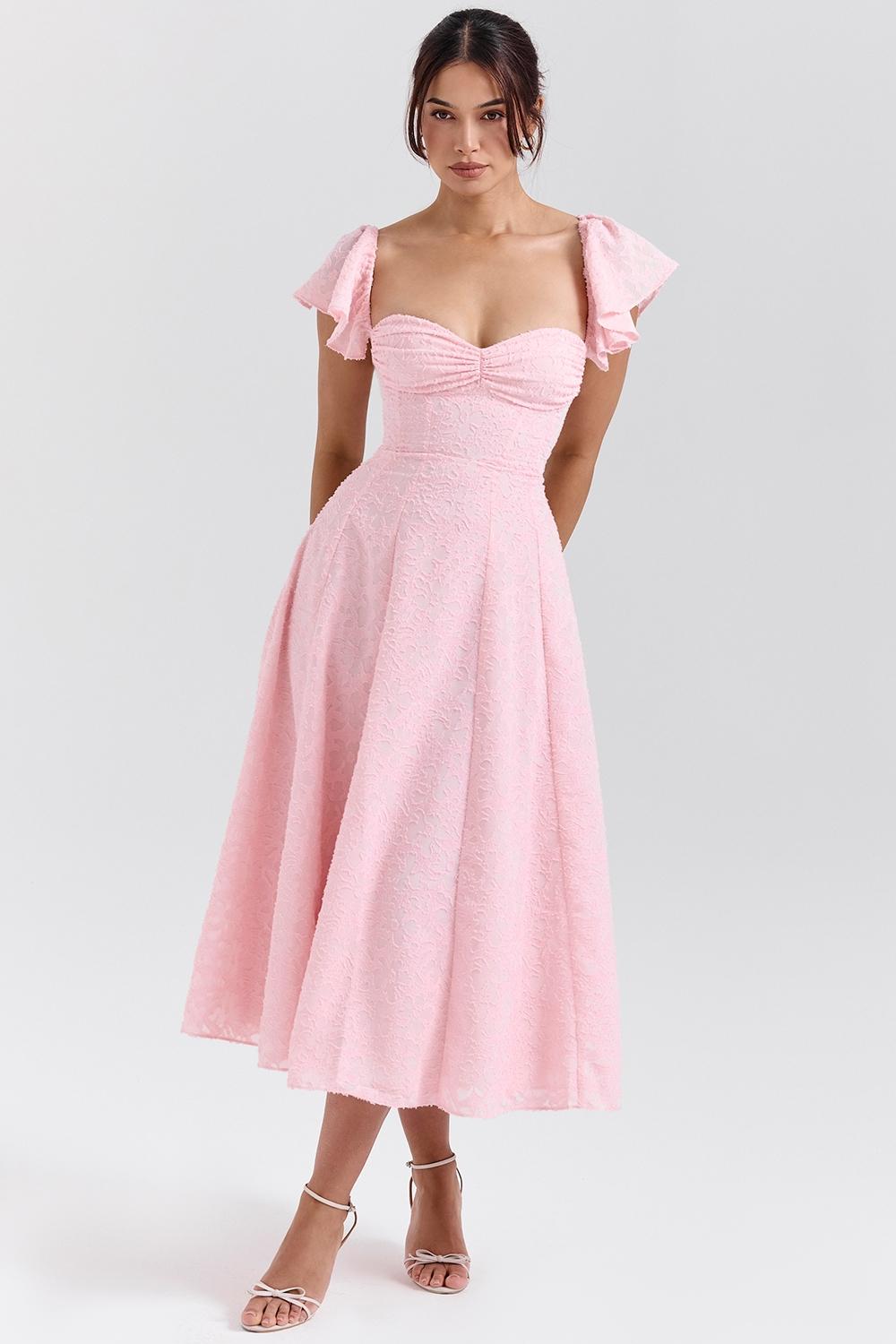 Emma  perfectly pink floral jacquard midi dress Product Image