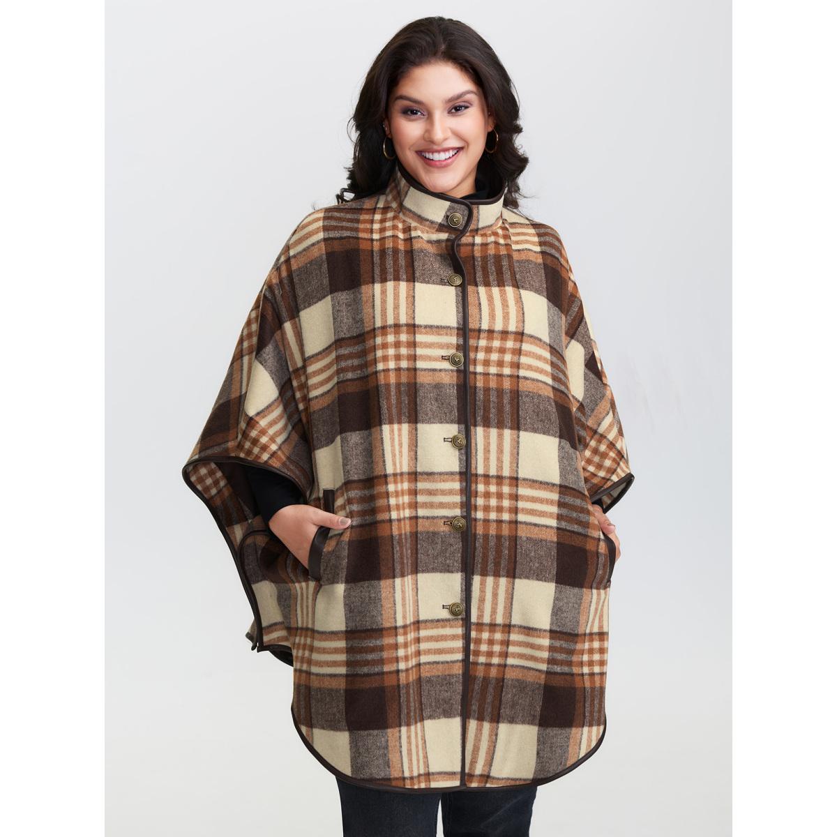 Plus Size Plaid Print Collar Pockets Coat Women Browncoffeecolor Leisure Loose Ladies Casual Winter Coats BloomChic 12/L Product Image