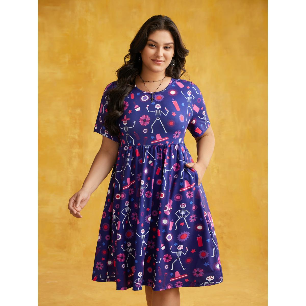 Plus Size Musical Skeleton Waist-Cinching Dress DarkBlue Women Cocktail Non Party Curvy Bloomchic 12/L Product Image