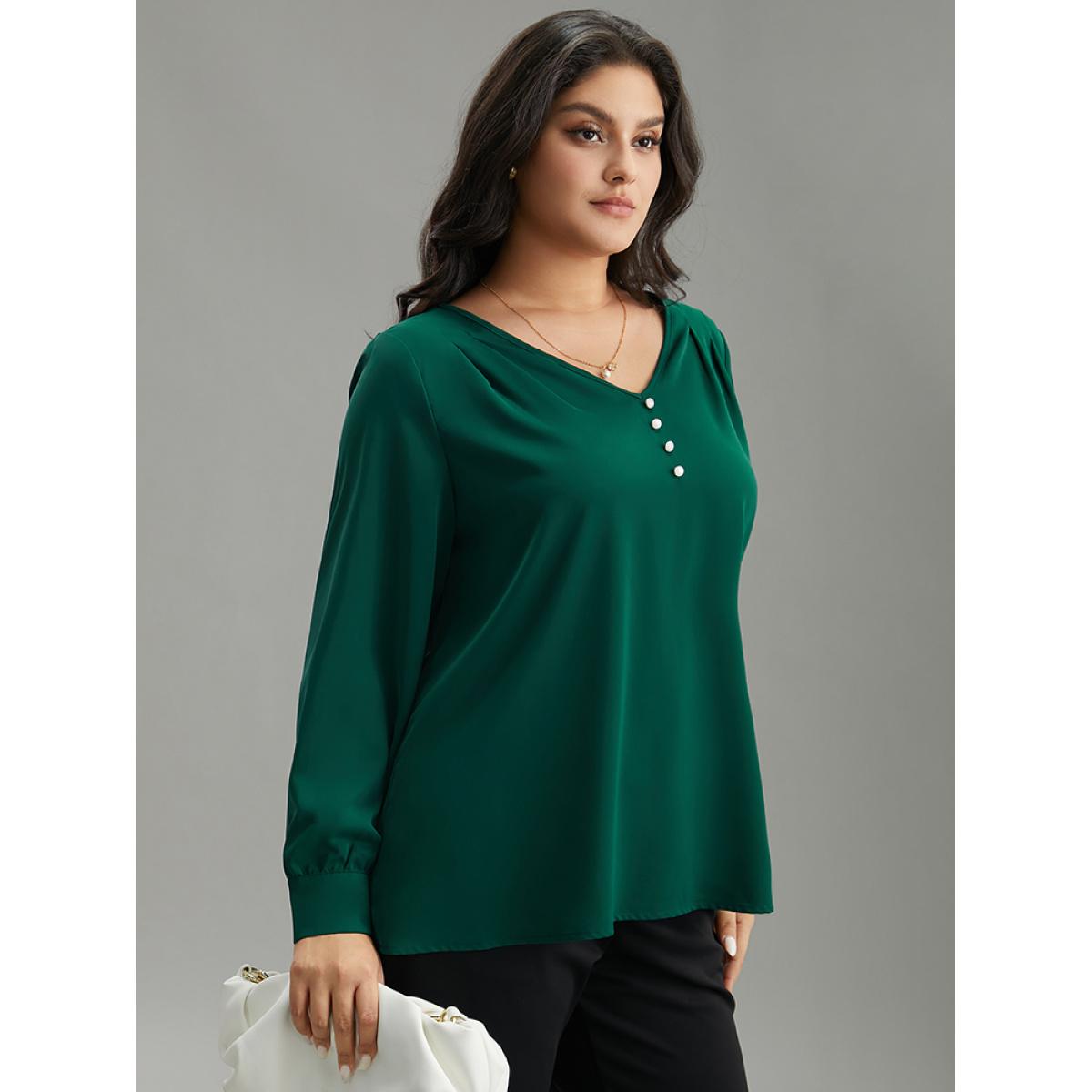 Plus Size DarkGreen Static-Free Button Detail Pleated Blouse Women Office Long Sleeve V-neck Office Blouses BloomChic 18-20/2X Product Image