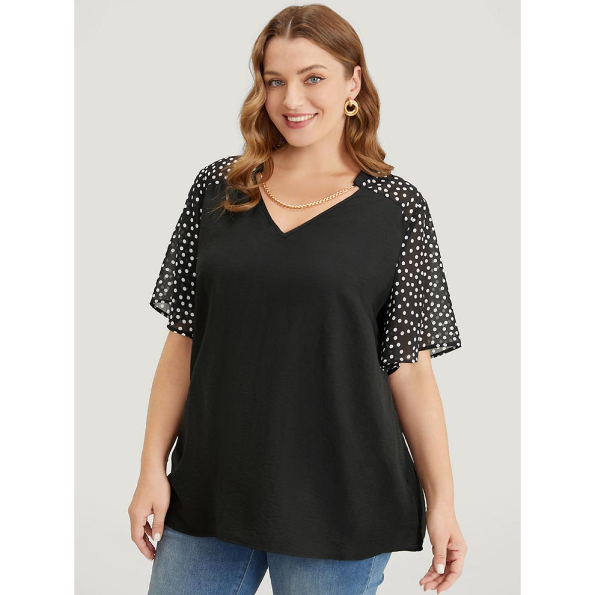 Plus Size Black Polka Dot Patchwork Flutter Sleeve Chain Detail Blouse Women Elegant Short sleeve V-neck Dailywear Blouses BloomChic 30/6X Product Image