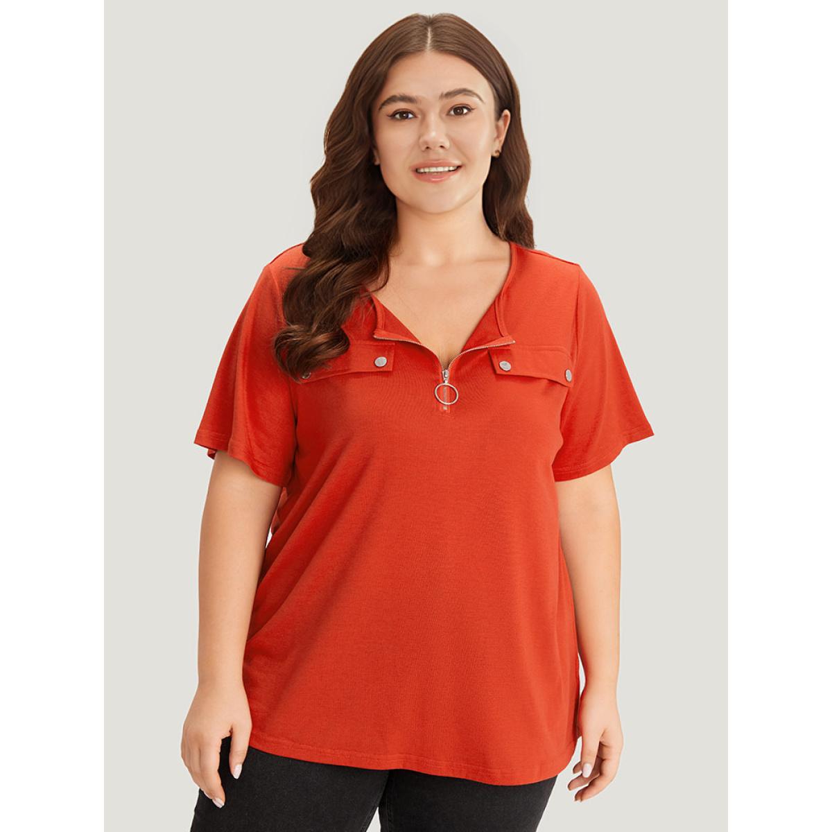 Plus Size plain Ring Zipper Patchwork T-shirt OrangeRed Women Casual Zipper Plain Open Front Dailywear T-shirts BloomChic 12/L Product Image