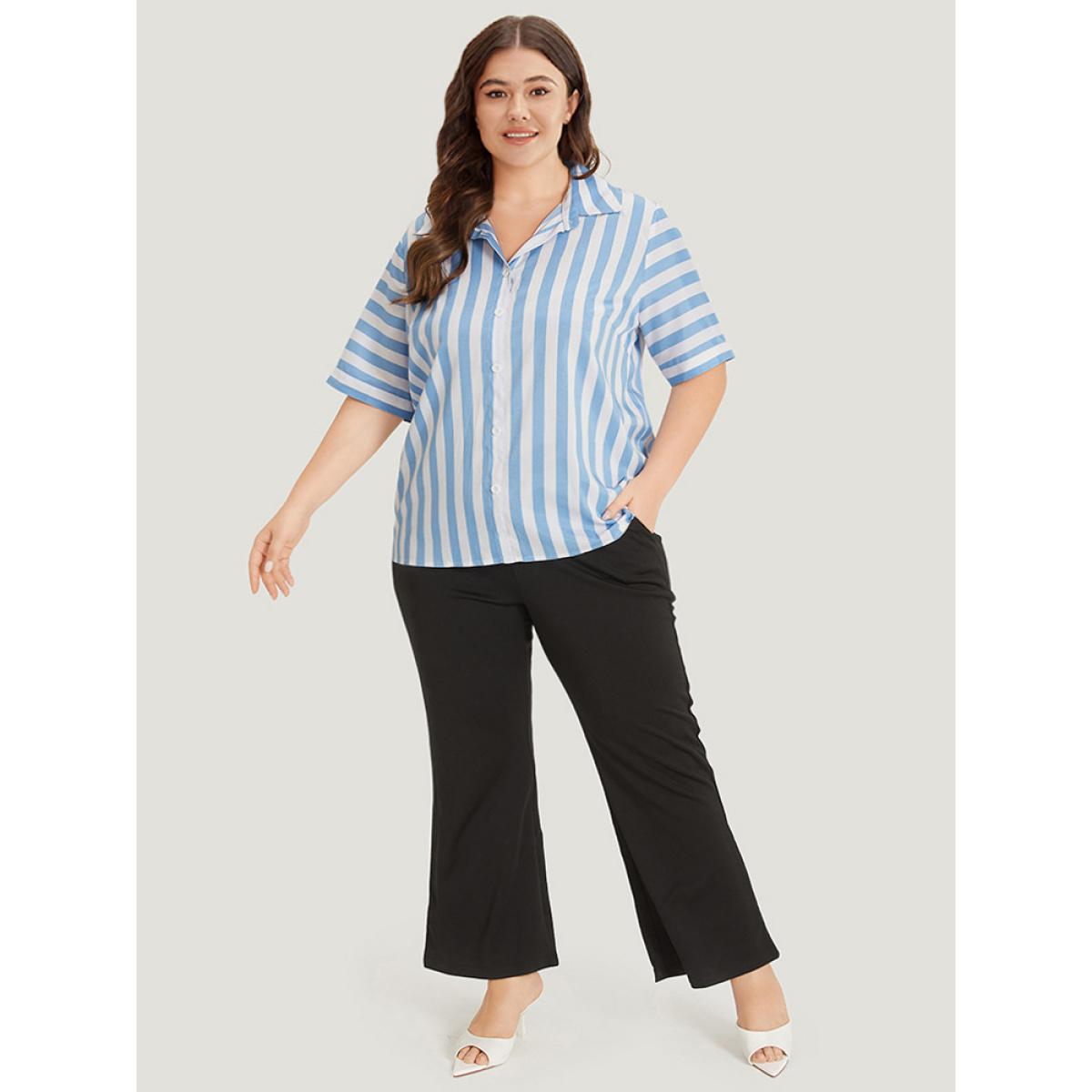Plus Size Multicolor Striped Shirt Collar Button Through Blouse Women Vacation Half Sleeve Shirt collar Work Blouses BloomChic 10/M Product Image