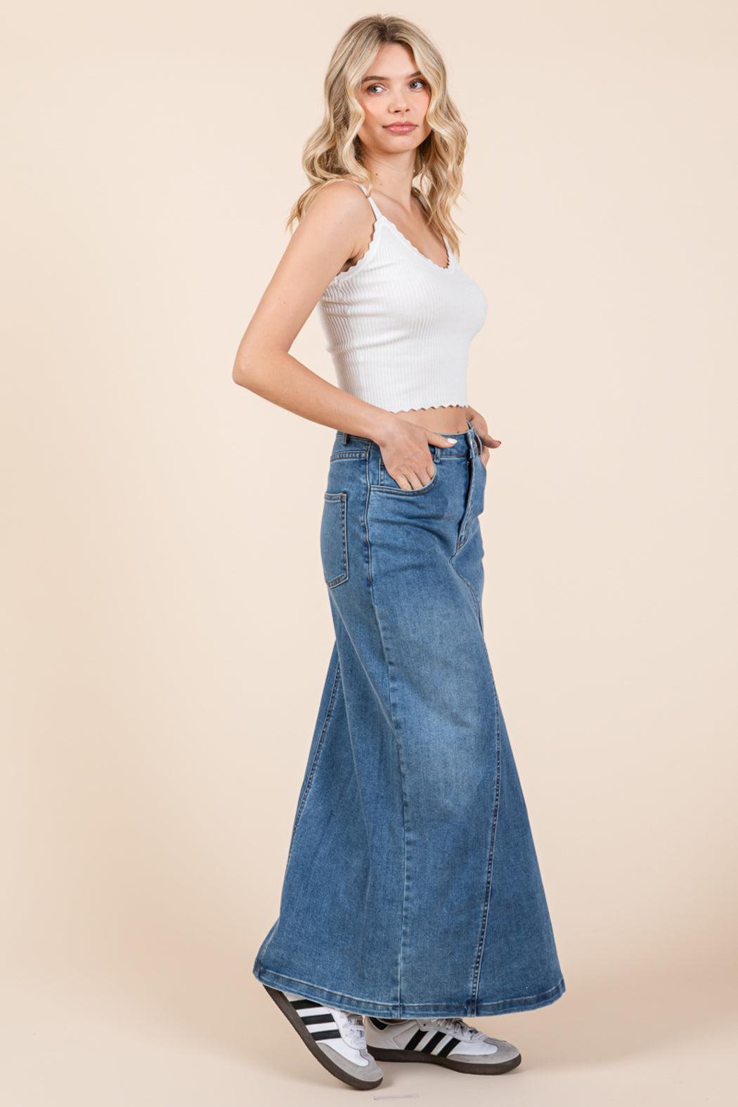 A Line Paneled Denim Long Maxi Skirt Product Image