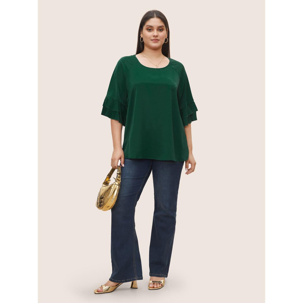 Plus Size DarkGreen Plain Ruffle Tiered Round Neck Blouse Women Work From Home Elbow-length sleeve Round Neck Work Blouses BloomChic 14-16/1X Product Image