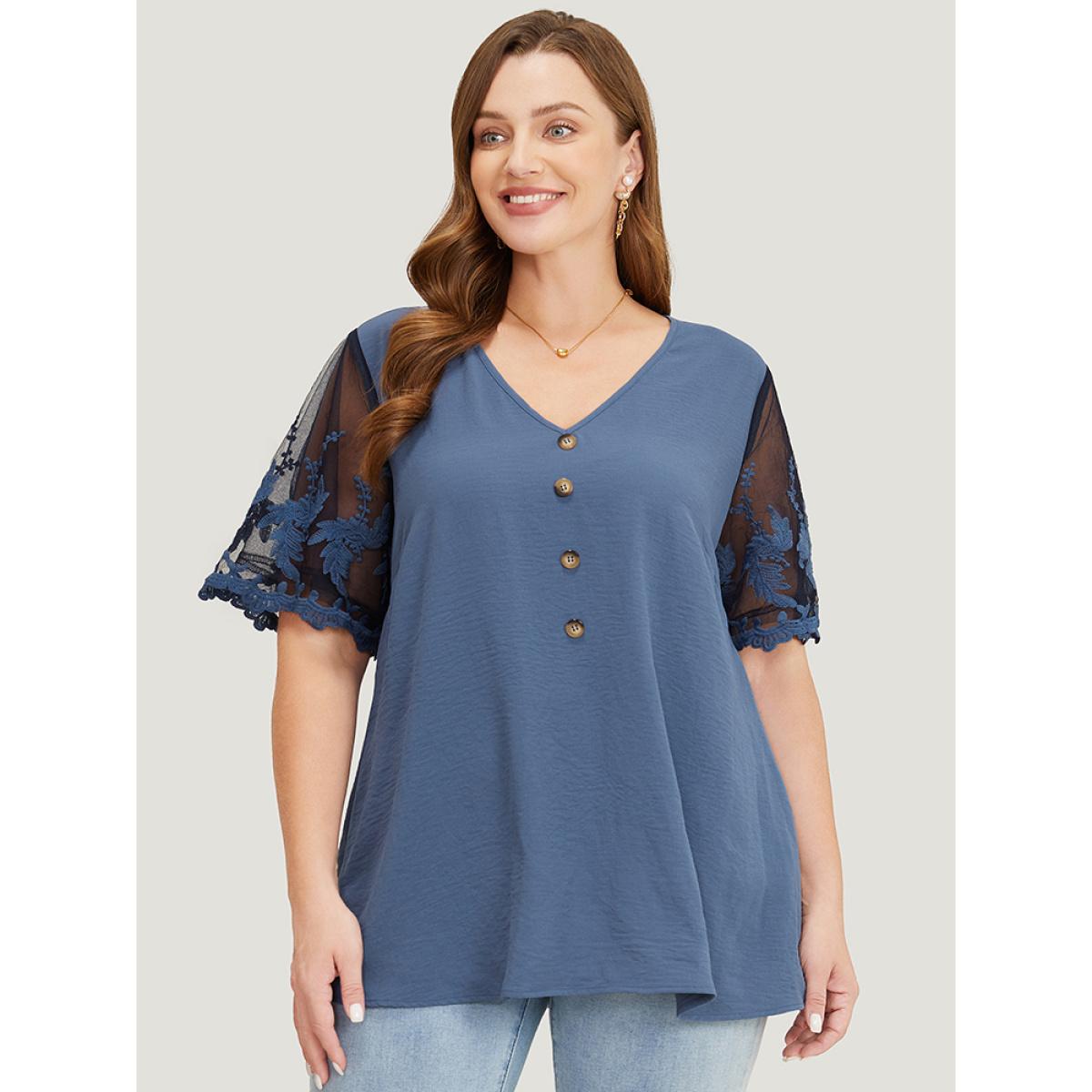 Plus Size Stone Plain Lace Mesh Sleeve Button Detail Blouse Women Elegant Short sleeve V-neck Dailywear Blouses BloomChic 12/L Product Image
