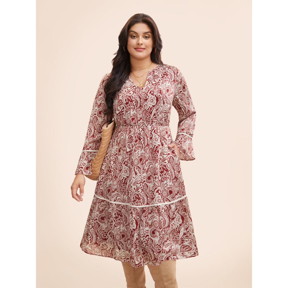 Plus Size Bandana Woven Ribbon Bell Sleeve Dress Scarlet Women Resort Woven ribbon&lace trim Notched collar Long Sleeve Curvy BloomChic 28/5X Product Image