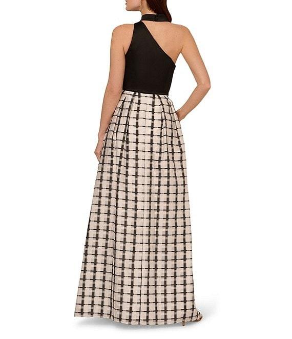 Adrianna Papell Mixed Media Plaid Halter Neck Sleeveless A-Line Gown Product Image