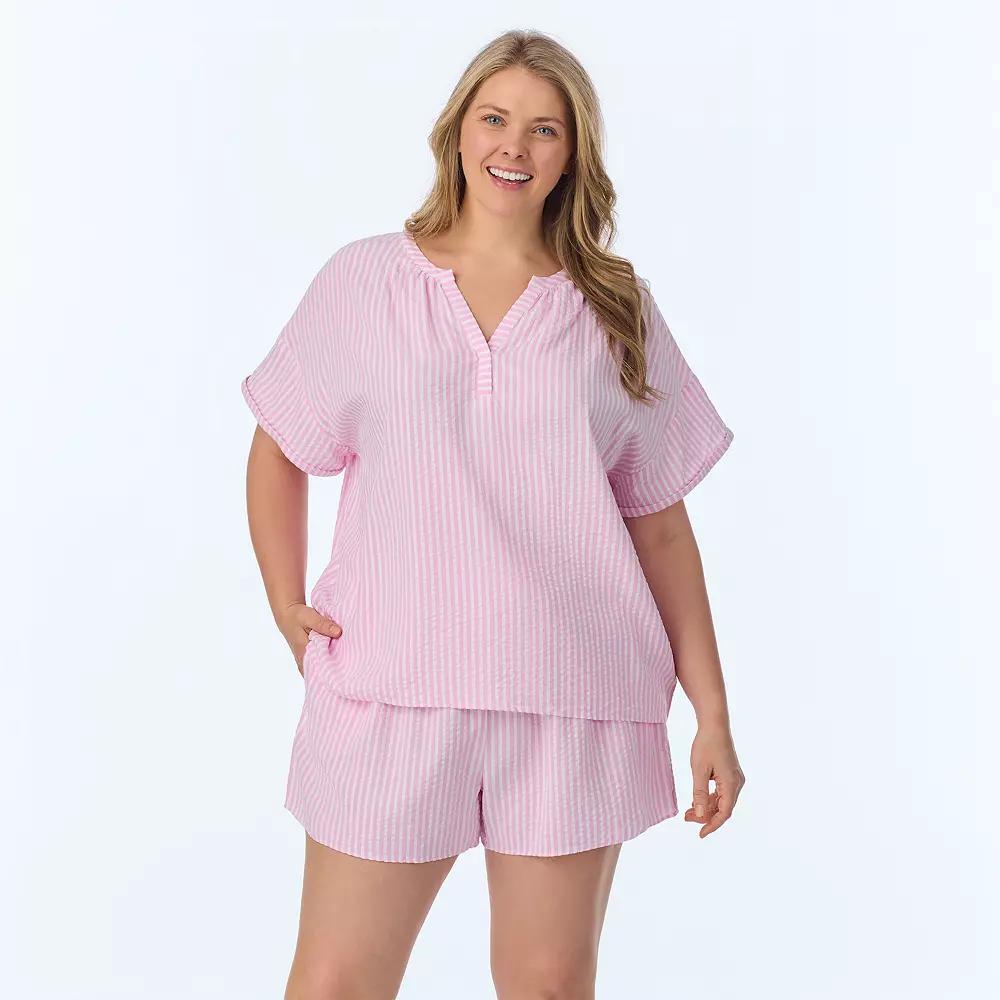 Plus Size Draper James 2-Piece Seersucker Short Sleeve Pajama Top & Pajama Shorts Set, Women's, Size: 3XL, Pink Stripe Product Image