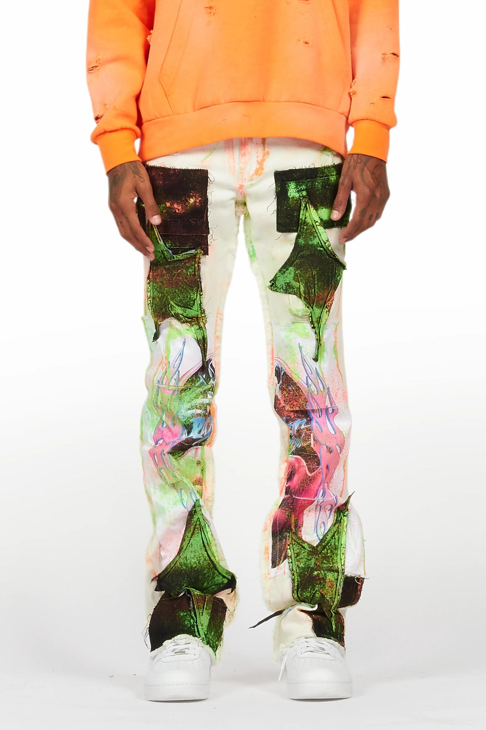 Helki Beige/Green Roller Paint Stacked Flare Jean Male Product Image