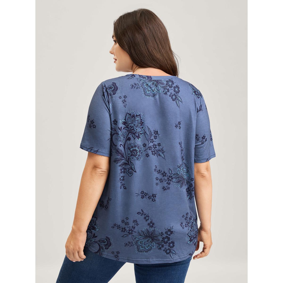 Plus Size Floral V-Neck Drapey T-Shirt Cerulean Women Leisure Non V-neck Casual T-shirts BloomChic 26/4X Product Image