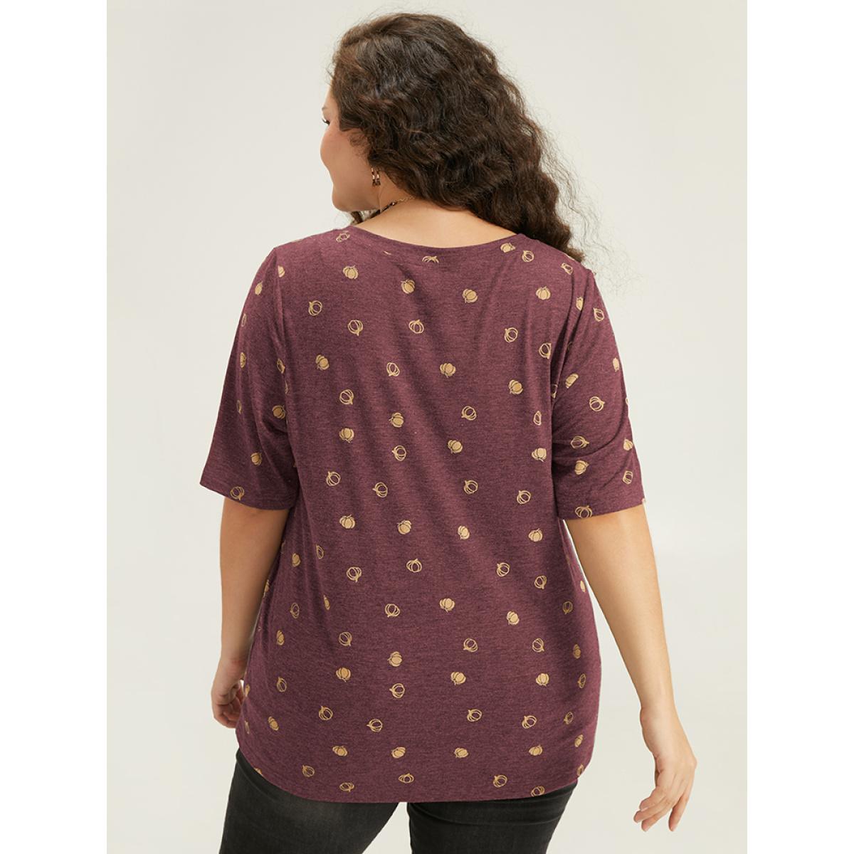 Plus Size Halloween Pumpkin Print Crew Neck T-shirt Russet Women Casual Printed Graphic-Halloween Round Neck Festival-Halloween T-shirts BloomChic 14-16/1X Product Image
