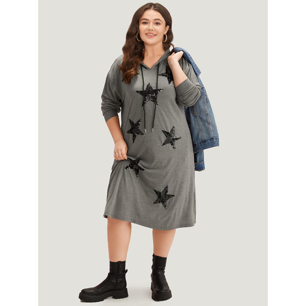 Plus Size Star Sequin Drawstring Pocket Hooded Dress DimGray Women Casual Plain Hooded Long Sleeve Curvy Midi Dress BloomChic 22-24/3X Product Image