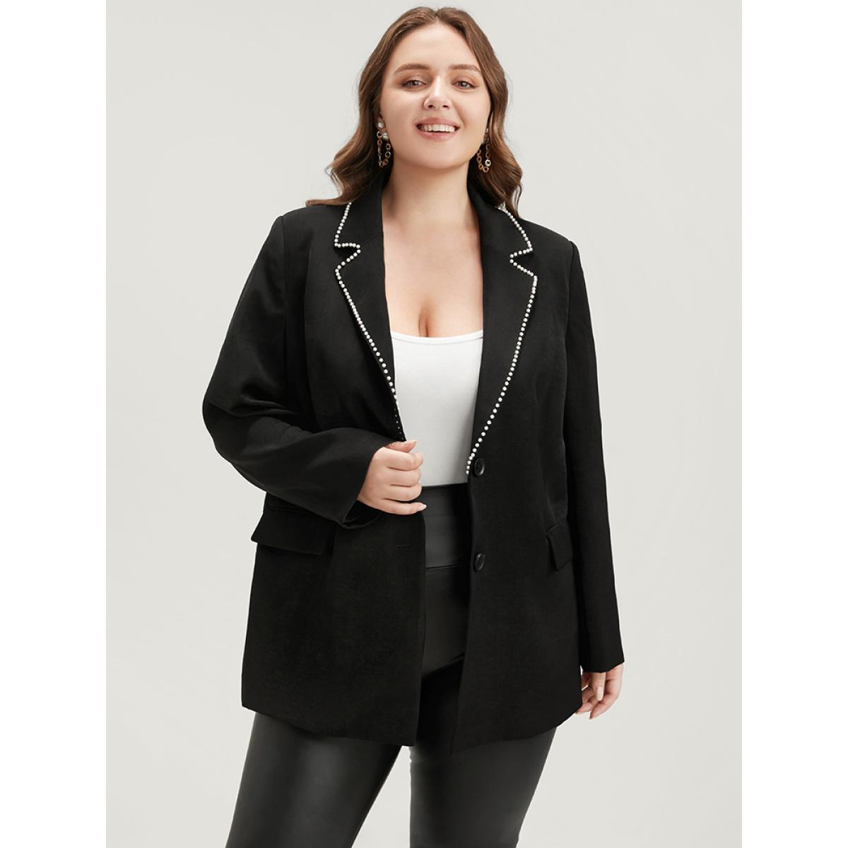 Plus Size Solid Beaded Button Up Flap Pocket Blazer Black Women Office Plain Beaded Sleeve Long Sleeve Suit Collar 10/M Pocket Office Blazers BloomChic Product Image