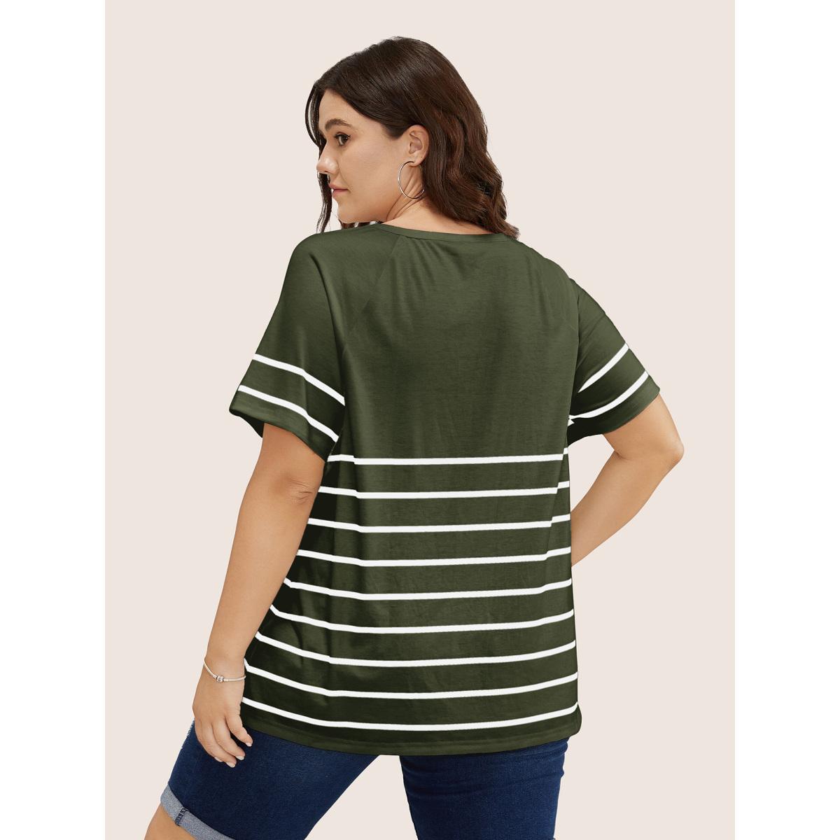 Plus Size Striped Print Raglan Sleeve Button Up T-shirt ArmyGreen Women Casual Contrast Striped Round Neck Everyday T-shirts BloomChic 18-20/2X Product Image