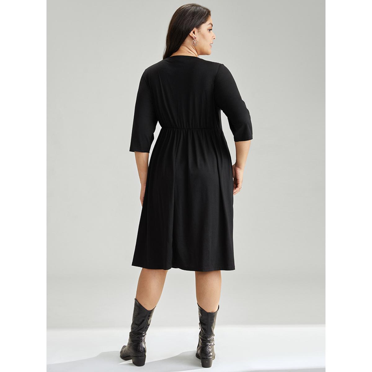 Plus Size Christmas Print Plicated Detail Elastic Waist Dress Black Women Casual Printed Curvy Midi Dress BloomChic 10/M Product Image