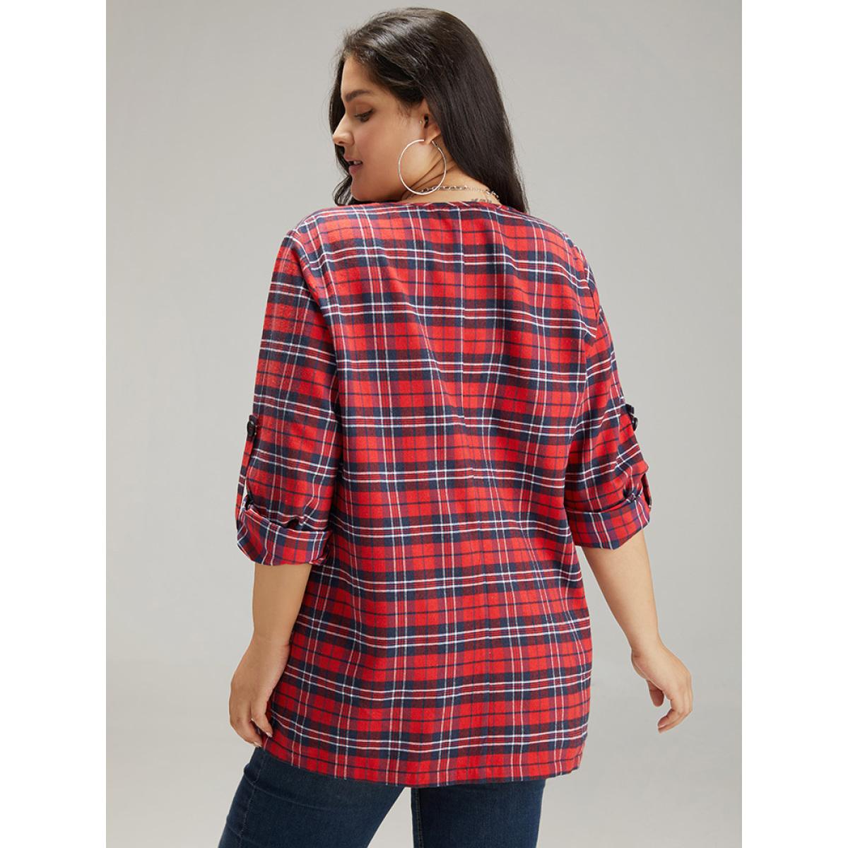 Plus Size Plaid Asymmetrical Hem Tab Sleeve Jacket Women Scarlet Button Dailywear Jackets BloomChic 28/5X Product Image
