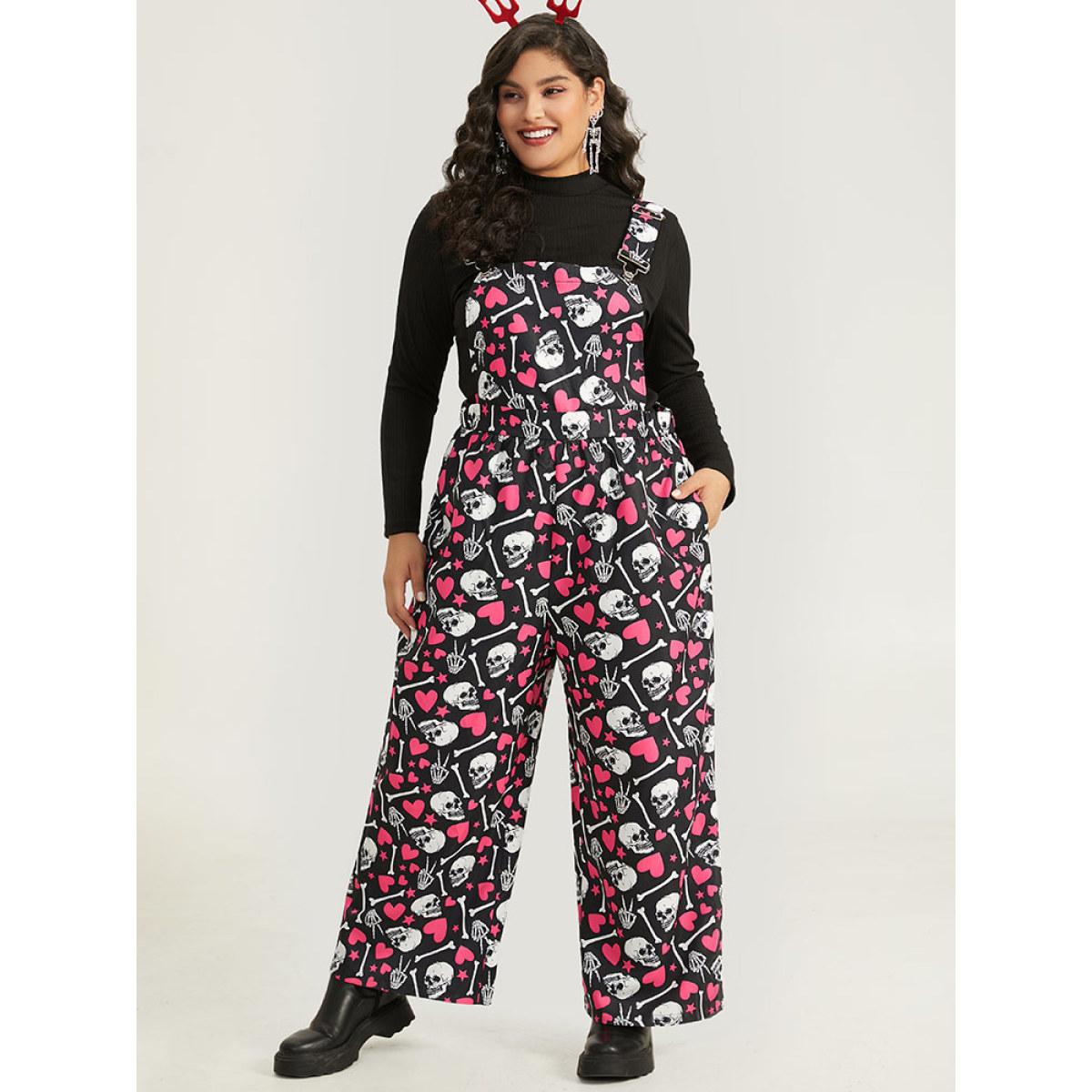 Plus Size Black Halloween Skull &Heart Print Pocket Gathered Jumpsuit Women Casual Sleeveless Spaghetti Strap Festival-Halloween Loose Jumpsuits BloomChic 18-20/2X Product Image