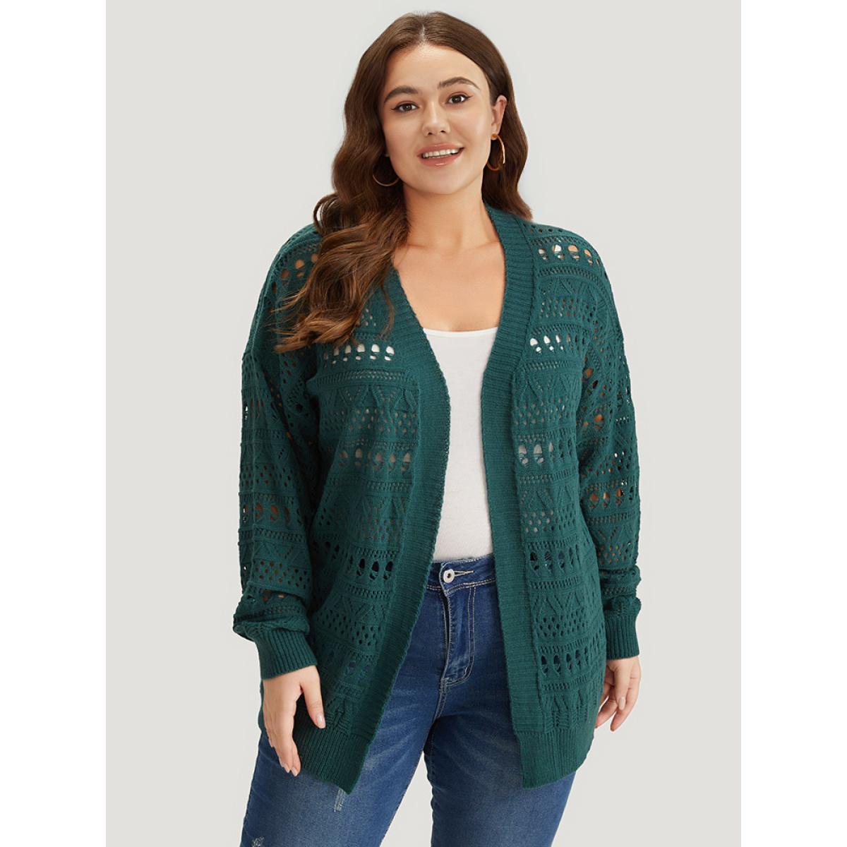 Plus Size Geometric Eyelet Open Front Loose Cardigan Cyan Women Casual Loose Long Sleeve Office Cardigans BloomChic 14-16/1X Product Image