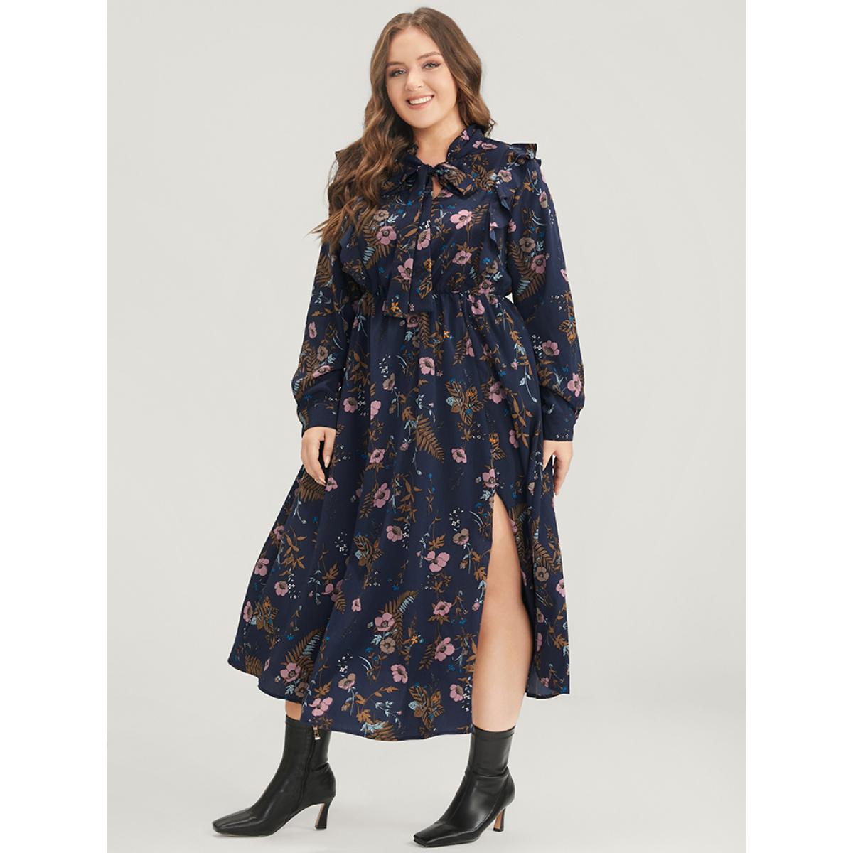 Plus Size Floral Pocket Knotted Neck Ruffle Trim Split Dress DarkBlue Women Elegant Knotted Tie Neck Long Sleeve Curvy Midi Dress BloomChic 18-20/2X Product Image