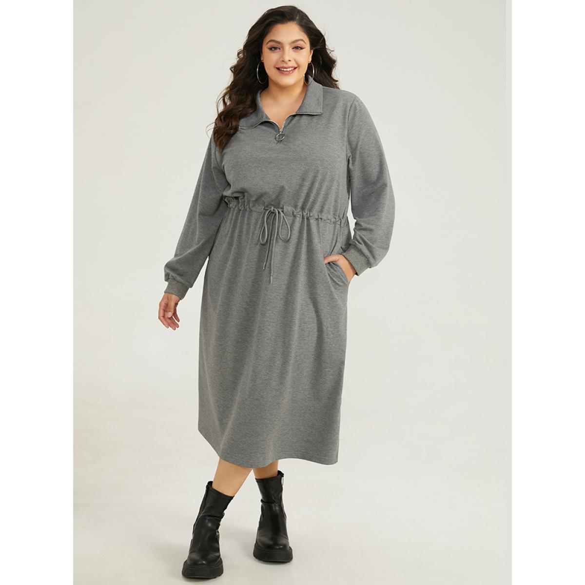 Plus Size Rib Knit Split Hem Drawstring Zipper Dress DimGray Women Casual Plain Lapel Collar Long Sleeve Curvy Midi Dress BloomChic 26/4X Product Image